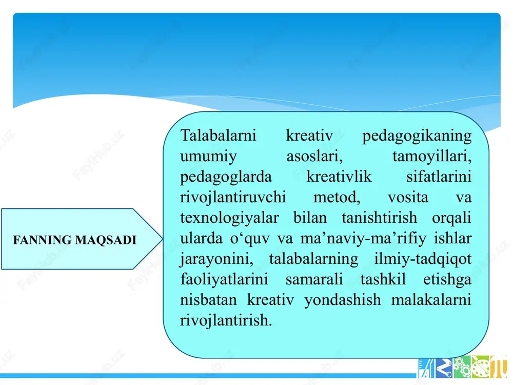 ni kreativ pedagogikaning umumiy asoslari, tamoyillari, pedagoglarda kreativlik sifatlarini rivojlantiruvchi metod, vosita va texnologiyalar bilan tanishtirish 1 - talabalarda o‘quv dasturlarini yaratish; nazariy va amaliy mashg‘ulotlar uchun materiallarni to‘plash va ularni saralash; o‘quv axborot (ma’lumot)larini samarali izlash; 2 nazariy va amaliy mashg‘ulotlar uchun didaktik ishlanmalar tayyorlash; nazariy va amaliy mashg‘ulotlar uchun o‘quv topshiriqlari turlarini belgilash; o‘quv topshiriqlarini ishlab chiqish; 3 o‘quv topshiriqlari uchun ish qog‘ozlarini hamma o‘quv fanlari bo‘yicha joriy, oraliq va yakuniy nazoratlar uchun sinov topshiriqlarini tayyorlashga kreativ yondashish ko‘nikmalarini shakllantirish; 1 talabalarning mavzu mohiyatidan kelib chiqqan holda to‘liq, g‘oyaviy mazmun va ilmiy asoslarga ega, amaliy qiymatga ega o‘quv materialini tayyorlay olish; 2 ma’ruza mashg‘uloti uchun mo‘ljallangan matnning vizual xususiyat kasb etishi (o‘quv axborotining grafik (sxema, jadval, diagramma, tasvir, giperbolik va b.) ko‘rinishda bo‘lishi)ga erishish, ma’ruza va amaliy mashg‘ulotlar, shuningdek, reyting nazorati uchun keyslar va darajali testlar to‘plamini shakllantirish borasidagi ko‘nikmalarining malakaga aylanishini ta’minlashdan iborat. 3 4 5 6 …