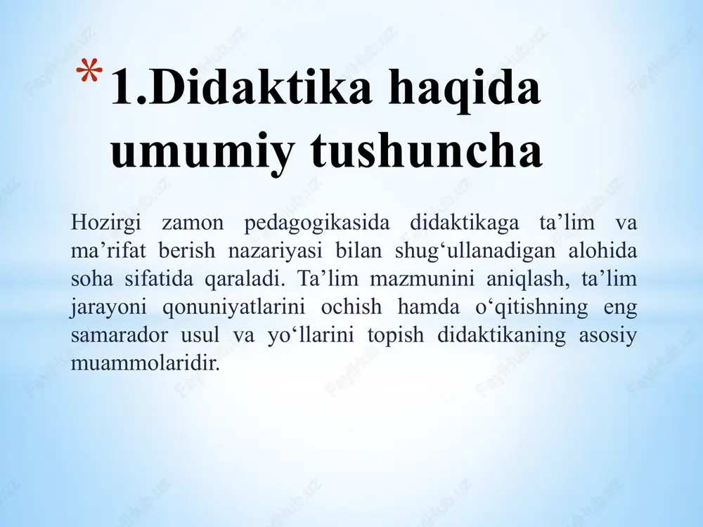 rayonida o‘quvchilar ongiga singdirilayotgan nazariy bilimlar amaliy faoliyat yordamida yanada mustahkamlanadi. inson tevarak-atrofdagi voqelik, narsa va hodisalarning mohiyatini amaliy hayotda ularga to‘qnash kelish yo‘li bilan bilib oladi, ularni o‘zlashtiradi. inson amaliy faoliyat tufayligina ijtimoiy, ishlab chiqarish faoliyati jarayonini tashkil etuvchi munosabatlar, shuningdek, tabiat hodisalari sirini o‘zlashtirib oladi.narsalar, buyumlar bilan amaliy muomalada bo‘lish natijasida buyumlar sezgi organlariga ta’sir qiladi, sezgilar idrokni keltirib chiqaradi. ta’limning didaktik tizimi haqida umumiy tushuncha . yan amos komenskiy chex gumanist-pedagogi , zamonaviy oʻqitish jarayoni asoschisi. faoliyati nemis dvoryanlari va katolik cherkovi zulmiga qarshi qaratilgan "chex qardoshlari" diniy uyushmasiga mansub oilada tugʻilgan. mazkur uyushma aʼzosi sifatida taʼqibga uchrab, togʻ va oʻrmonlarda yashirinib yurishga majbur boʻlgan. dastlabki maʼlumotni qardoshlik maktabida olgan. 1608–1610-yillarda lotin maktabida, keyinchalik xerborn akademiyasi va geydelberg universitetida oʻqigan. katolik cherkov taʼqibi natijasida polshaning leshko shahriga kelgan va u yerda gimnaziya tashkil etgan. 1631-yil "tillar va hamma fanlarning ochiq eshigi", 1632-yil "buyuk didaktika", "onalar maktabi" daryolik …