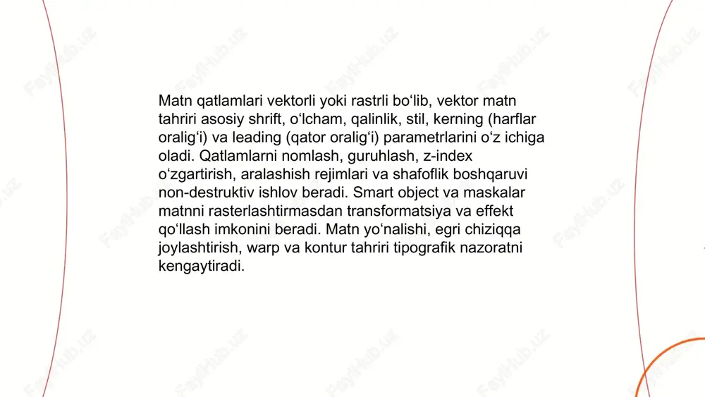 ent va yaltirash effektlari qoʼshiladi. smart objectlarda tahririyat saqlanadi; rasterizatsiya matnni qaytarilmas qiladi. blending options oynasi, layer styles va klaviatura tezkorlari tez ishni taʼminlaydi. ... t.me/slaydai_bot matnni deformatsiya va warp qilish usullari: warp (arc, bulge, flag, wave) effektlari bilan tezkor o‘zgartirish; envelope/distort orqali chekkalarni moslashtirish; mesh/free transform warp yordamida erkin deformatsiyalar; puppet warp va liquify asboblari bilan mahalliy burchak va egilishlar; path va anchor pointlar orqali vektor matnni to‘g‘rilash; displacement map va masklar bilan teksturali deformatsiya; perspective, skew va extrude bilan 3d va perspektiv deformatsiyalar; smart object va non-destructive filtrlardan foydalanish. ... t.me/slaydai_bot kerning — harf juftliklari orasidagi masofani individual sozlash; display matnlarda qo'llanadi; avtomatik (metric) va optik rejimlari mavjud; noto'g'ri kerning vizual tengsizlik keltirib chiqaradi. tracking — butun matn blokidagi harf oraliqini bir xil oshirish yoki kamaytirish; titravchi, kichik shriftlar yoki sarlavhalarda qulay. leading — qatorlar orasidagi bo'shliq; odatda shrift o'lchamining 110–140% atrofida tanlanadi; o'qish qulayligi va joylashuvni ta'sir …