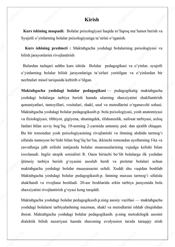 si bilan o’rganiladi. maktabgacha yoshdagi bolalarning psixologik xususiyatlarini ilmiy, nazariy jihatlarini o’rganish oliy pedagogik ta’limda muhim amliy ahamiyat kasb etadi. demokratik jamiyatning rivojlanishi va ma’naviy salohiyati ko’p jixatdan ana shu bolalarga beriladigan psixologik, tarbiyaviy ta’lim mazmuniga bog’liq. har bir bola jamiyatda yashar ekan, u unda o’ziga xos o’rin va mustaqil mavqe egallashga intiladi, shuning uchun u o’ziga xos intilish, layoqat va faollik, intelektual mehnat namunalarini namoyish etadi. bolalar o’rtasidaga o’zaro munosabatlarni hamda har bir shaxsning jamiyatdaga o’rni va uning turlicha ijtimoiy munosabatlari tabiatini o’rganuvchi qator pedagogik fanlar mavjud bo’lib, ularning orasida psixologiya alohida o’rin egallaydi. maktabgacha yosh davri bolalarining tarbiyasida, xarakter va qobiliyatlarning rivojlanishida oila va bolalar bog’chalari muhim rol o’ynaydi. bolalar bog'chasining asosiy vazifalaridan biri bolalarga har tomonlama tarbiya berib, ularing taraqqiyot darajalarini maktabda o'qiy oladigan qilishdan iboratdir. bu esa, o'z navbatida, maktabdagi o'qitish ishlari bilan bog'chadagi ta'lim-tarbiya ishlari o'rtasida ma'lum izchillik bo'lishini talab qiladi. bog'chada bolalarning jismoniy jihatdan …