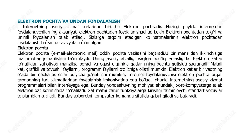 ron xat koʻrinishida joʻnatiladi. xat matni zarur funksiyalarga kirishni taʻminlovchi standart yozuvlar toʻplamidan tuziladi. bunday axborotni kompyuter komanda sifatida qabul qiladi va bajaradi. internet elektron pochta xizmatini koʻrsatadi. elektron pochta nima? elektron pochta maxsus programma boʻlib, uning yordamida siz dunyoning ixtiyoriy joyidagi elektron adresga xat, hujjat, va umuman ixtiyoriy faylni joʻnatishingiz va qabul qilib olishingiz mumkin. eng asosiysi xay bir zumda manzilga yetib boradi. lekin undan foydalanish uchun siz maxsus pochta tarmogʻi yoki internet tarmogʻiga bogʻlangan boʻlishingiz va elektron adresga ega boʻlishingiz kerak. elektron adresni provayder beradi. yoki internetda bepul elektron pochta xizmatlari mavjud. ular yordamida oʻzingizga elektron adres ochishingiz mumkin. quyidagi rasm orqali http://www.mail.ru sistemasi orqali pochta ochilishini koʻrishingiz mumkin. uning uchun biz avval registrasiyadan oʻtishimiz lozim. http://www.mail.ru sistemasi orqali “registratsiya v pochte” bosamiz. natijada quyidagi anketalarni tuldirish lozim boʻladi: elektron pochta manzili tuzilishi. ma’lumotni yuborishda manzil juda katta ahamiyatga ega, xatni oluvchining manzili aniq boʻlishi lozim. odatdagi pochta …