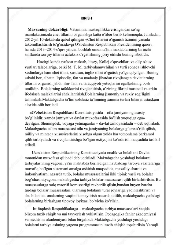 tib turibdi. ta’limning poydevori hisoblangan maktabgacha ta’lim tizimiga davlat tomonidan bu qadar tizimli va bir-birini to‘ldiruvchi e’tibor hamda ama­liy yordam kuzatilmagan, desak mubolag‘a bo‘lmaydi. sohada yig‘ilib qolgan muammolarni hal etish va 3 yoshdan 7 yoshgacha bo‘lgan bolalarning to‘laqonli ta’lim-tarbiya olishini ta’minlash masalasi davlatimiz rahbari tomonidan kechiktirib bo‘lmas vazifa sifatida ilgari surildi. sababi bog‘chalar ta’lim muassasasi vazifasini bajarish o‘rniga ota-ona ishda bo‘lgan vaqtda bolaga qarab turadigan muassasaga aylanib qolgani, qamrovning pastligi, binolarning ta’mirtalabligi, boshqa maqsadlarda ishlatilgani, metodik jihatdan to‘liq ta’minlanmagani, pedagoglar ijtimoiy himoyasi va maoshining pastligi kabi kompleks muammolarni hal etish kechiktirib bo‘lmas masala edi. keyingi 20 yil davomida davlat tasarrufidagi maktabgacha ta’lim muassasalari soni 45 foizga kamaygani, 2,45 million boladan 818 ming nafarigina bog‘chalarga qamrab olingani bu fikrlar isboti bo‘la oladi. maktabgacha ta’lim muassasalari infratuzilmasi va moddiy-texnik bazasining yaroqsiz holati bolalarni maktabgacha ta’lim bilan to‘liq qamrab olishni ta’minlashga imkon bermasdi. ayrim mutasaddilarning sustkashligi tufayli sohani rivojlantirish bo‘yicha belgilangan ishlar vaqtida …