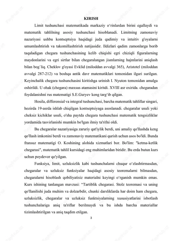 , 1, 3, ...., 1, 3, ... ; 3) kasrni o’nli kasrga aylantirganda verguldan keyin bitta, ikkita, uchta va hokazo raqamlarni olib, sonlar ketma-ketligini olish mumkin; 4) arifmetik progressiya ham sonli ketma-ketlikdir, bunda birinchi had, arifmetik progressiya ayirmasi; 4) sonlar ketma-ketligi ham ketma-ketlikka misol bo’ladi, bu birinchi hadi maxraji bo’lgan geometrik progressiyadir. sonli ketma-ketlikning ta’rifidan ma’lumki, u cheksiz sondagi elementlarga ega bo’lib, ular hech bo’lmaganda o’zlarining tartib raqami bilan farq qiladi. sonlar ketma-ketligining geometrik tasviri sonlar o’qidagi nuqtalar bilan ifodalanadi. sonli ketma-ketliklar ustida ushbu arifmetik amallarini bajarish mumkin: 1) sonlar ketma-ketligini songa ko’paytirish, ko’rinishda bo’ladi; 2) ikkita va sonlar ketma-ketligining yig’indisi ko’rinishda aniqlanadi; 3) ikkita va sonlar ketma-ketiligini ayirmasi ko’rinishda bo’ladi; 4) ikkita va sonlar ketma-ketligi ko’paytmasi kabi aniqlanadi; 5) ikkita va sonlar ketma-ketligining nisbati, maxraj dan farqli bo’lganda, ko’rinishda bo’ladi hamda mos ravishda , simvollar bilan belgilanadi. 1.1 chegaralangan va chegaralanmagan sonli ketma-ketliklar. 1-ta’rif. sonlar ketma – ketligi uchun …