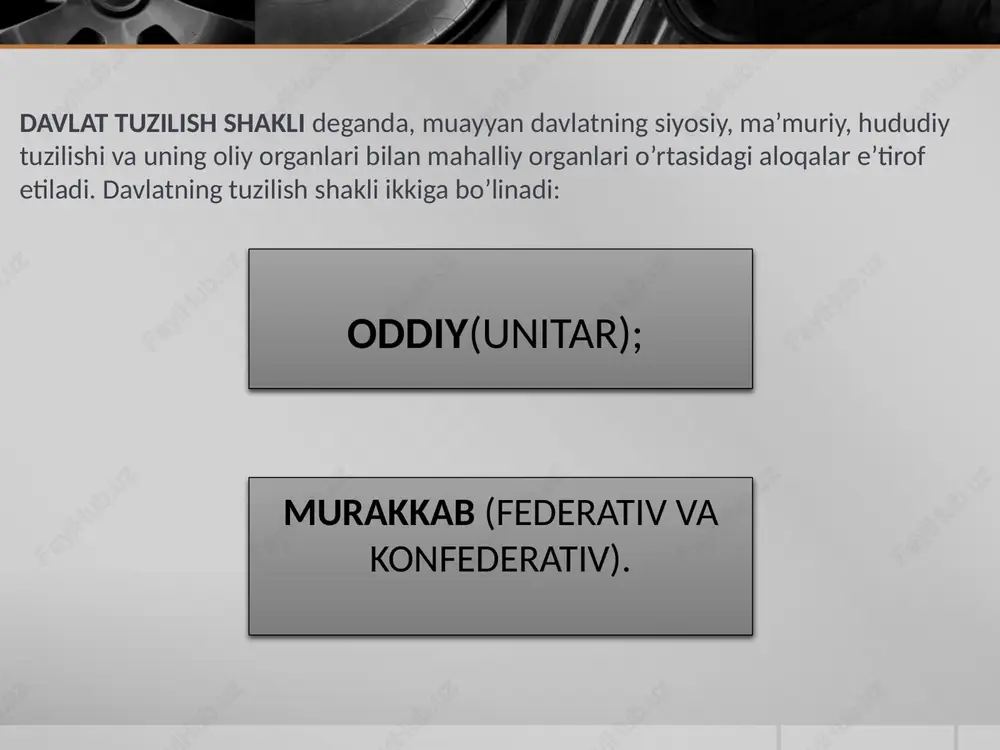 rx hokimiyati muqaddas va daxlsiz deb e’lon qilinadi; 4) hokimiyatni o’rnatish va qabul qilishning alohida tartibi mavjud; 5) monarx o’z faoliyati natijasi uchun yuridik jihatdan javobgar emas. monarxiya: monarxiyaning 3 turi mavjud: 1.mutlaq monarxiya 2. cheklangan monarxiya 3. noan’anaviy monarxiya mutlaq monarxiya shaklidagi boshqaruvning asosiy belgisi - monarxning to’la hokimiyatini cheklaydigan biron-bir davlat organi ning yo’qligidir. monarxiyaning yuridik xususiyatlari: hokimiyatdan muddatsiz, ya’ni umrbod foydalanish; - taxtni meros sifatida yoki qarindoshlik huquqi bo’yicha egallash; - tashqi aloqalarda kafolat (mandat) asosida emas, o’z shaxsiy huquqi bo’yicha vakillikni amalga oshirish; - davlat boshlig’i javobgarligining yo’qligi (faqat xudo oldida mas’ullik)dir. mutlaq monarxiya: mutlaq monarxiyadan farqli ravishda monarx hokimiyatining vakolatlari konstitutsiya va qonun asosida yoki davlatning biron-bir vakolatli idorasi tomonidan cheklangan bo’ladi. cheklangan monarxiya, o’z navbatida, dualistik va parlamentar turlarga bo’linadi. cheklangan monarxiya: dualistik monarxiya mutlaq monarxiyadan parlamentar monarxiyaga o’tishda oraliq, o’tish shakli bo’lib, hukmdor bilan bir qatorda, mutlaq monarxiya uchun xos bo’lmagan boshqa oliy …