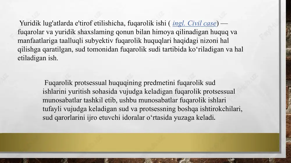 sual normalar o‘z ifodasini topgan bir qator kodekslar ham fuqarolik protsessual huquqining manbasi hisoblanadi. xususan, 0 ‘zbekiston respublikasining fuqarolik kodeksi, mehnat kodeksi, oila kodeksi, uy-joy kodeksi, soliq kodeksi shular jumlasidandir. fuqarolik protsessual huquqining tizimi. fuqarolik protsessual huquqining barcha qoidalari bir-biri bilan uzviy bog‘liq bo‘lib, uning tizimini tashkil qiladi. ushbu tizimda umumiy, alohida va maxsus ahamiyat kasb etuvchi normalar mavjud b o iib , ular birgalikda fuqarolik protsessual huquqining tizimini hosil qiladi. fuqarolik protsessual huquqining konstitutsiyaviy, fuqarolik, oila, mehnat, ma'muriy huquq, xo‘jalik protsessual va jinoyat protsessual huquqi hamda boshqa huquq sohalari bilan aloqadorligi fuqarolik protsessual huquqi mamlakatimiz huquq tizimining tarkibiy qismi sifatida huquqning aksariyat tarmoqlari bilan o‘zaro aloqador hisoblanadi. ayniqsa, fuqarolik protsessual huquqi moddiy huquq bilan uzviy aloqada bo‘lib, o‘z navbatida, moddiy huquq normasida nazarda tutilgan majburiyatlar boshqa shaxslar tomonidan amalga oshirilmagan taqdirda huquqni sud orqali himoya qilishning, hoshqacha qilib aytganda, fuqarolik, mehnat, oila, ma’muriy va boshqa majburiyatlami majburiy ravishda amalga …