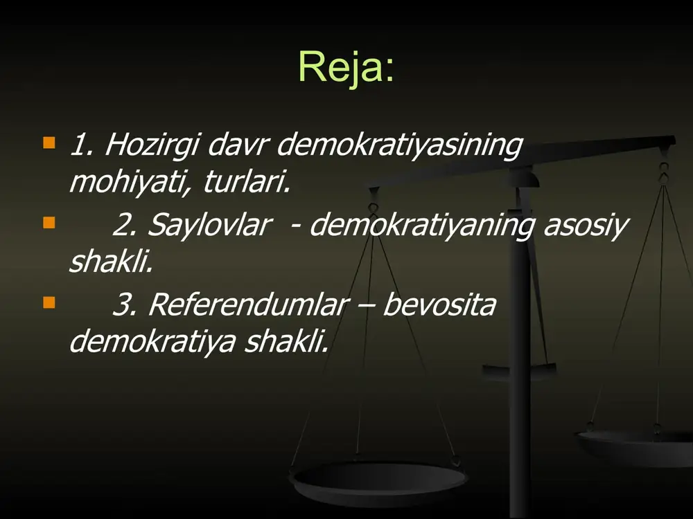 ni hurmat qilish milliy madaniyatimizni, suveren davlatchiligimizni mustahkamlaydi. o‘zbekistonda sharqona madaniyatga xos bo‘lgan oilani har tomonlama qo‘llab-quvvatlash doimo eng insonparvar qadriyatlardan hisoblangan. azal-azaldan xalqimiz uchun muqaddas bo‘lmish oila hayotimiz tayanchi va suyanchi, jamiyatimizning hal qiluvchi asosiy bo‘g‘ini bo‘lgan. barcha davlat organlari konstitutsiya doirasida shakllangan va amal qilmoqda. parlament va prezident saylovlari hamda mahalliy saylovlar buni yaqqol ko‘rsatdi. demokratik erkin saylovlar orqali mamlakatning saylov korpusi tomonidan davlat hokimiyati bu darajada legitimatsiya qilinishi o‘zbekiston tarixida hali bo‘lmagan. a. kapitalistik munosabatlar b. totalitarizm hukmronligi v. diktatura hukmronligi o'tish oralig'i demokratik jamiyat davlat hokimiyatining bir guruh hukmron doiralarining boshqaruvi, sanoat ishlab chiqarishning rivojlanishga ustuvorlik, xususiy mulkning bir guruh kishila qo'lida to'laligicha, ommaning ular manfaatlariga xizmat qilishga yo'naltirilganligi ijtimoiy sinf yohud ma'lum guruhning yakka hokimligining ta'minlanganligi, jamiyat hayotining barcha sohalarda davlat hukmronligining o'rnatilganligi, xalq manfaatlarining davlat manfaatlariga bo'ysundirilgan ligi harbiylarning yohud zo'ravon kuchlarning davlat hokimiyatini o'z qo'liga olishi va davlatni o'z xoxish-irodasini asosidagi boshqaruvi iqtisodiyot …