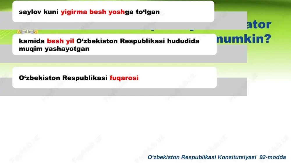 ash, o‘zbekiston respublikasi qonunlari hamda senat tomonidan qabul qilinadigan qarorlarning ijrosini nazorat qilish uchun senat shakllanganidan keyin uning vakolatlari muddatiga senatorlar orasidan rais, uning o‘rinbosari va a’zolardan iborat tarkibda saylanadi. komissiyalar - qonunchilik palatasi va senat muayyan vazifalarni bajarish uchun tuzilishi mumkin. fraksiya nima? fraksiya - bu siyosiy partiyadan ko‘rsatiladigan deputatlar tomonidan partiya manfaatlarini qonunchilik palatasida ifodalash maqsadida tuziladigan va belgilangan tartibda ro‘yxatdan o‘tkazilgan deputatlar birlashmasidir. bu muhim! qonunchilik palatasining kamida besh nafar deputati fraksiya tuzish huquqiga ega. qanday hollarda oliy majlis tarqatib yuborilishi mumkin? oliy majlis palatalari o‘zbekiston respublikasi prezidentining o‘zbekiston respublikasi konstitutsiyaviy sudi bilan bamaslahat qabul qilgan qarori asosida quyidagi hollarda tarqatib yuborilishi mumkin: palatalar tarkibida uning normal faoliyatiga tahdid soluvchi hal qilib bo‘lmaydigan ixtiloflar yuz berganda yoki u bir necha marta o‘zbekiston respublikasi konstitutsiyasiga zid qarorlar qabul qilgan taqdirda; qonunchilik palatasi bilan senat o‘rtasida o‘zbekiston respublikasi oliy majlisining normal faoliyatiga tahdid soluvchi hal qilib bo‘lmaydigan ixtiloflar yuz …