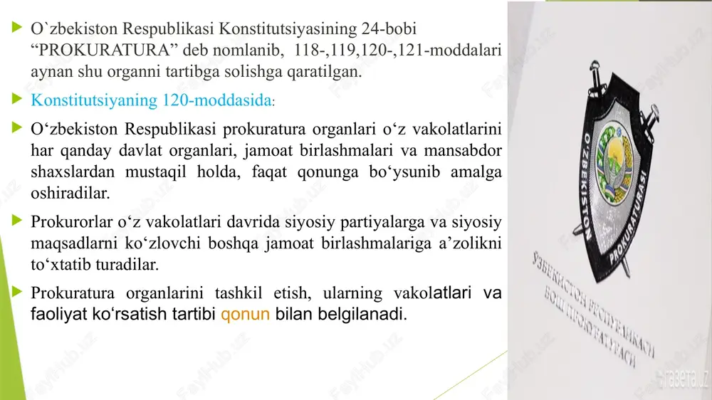 ning “jinoyatlarni tergov qilish sohasida malakali kadrlarni tayyorlashning sifat jihatidan yangi tizimini joriy etish to`g`risida”gi farmoni e`lon qilindi.bunga ko`ra: bosh prokuratura akademiyasi negizida o`zbekiston respublikasi huquqni muhofaza qilish qilish akademiyasini tashkil qilish hamda jinoyatlarni tergov qilish sohasida kadrlarni amaliyot bilan uzviy bog`liqliginita`minlagan holda yagona yondashuv asosida tayyorlashga qaratilgan uzluksiz o`quv tizimini yo`lga qo`yish ko`zda tutilgan. e`tiboringiz uchun rahmat! image1.jpeg image2.jpeg image3.jpeg image4.jpeg /docprops/thumbnail.jpeg