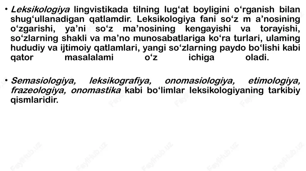adi. xususiy leksikologiya – alohida bir tilning lug‘at tarkibini o‘rganadi (masalan, o‘zbek leksikologiyasi). tarixiy leksikologiya – til lug‘at boyligining tarixiy taraqqiyotini tahlil qiladi. qiyosiy leksikologiya – turli tillarning lug‘at tarkibini taqqoslaydi. 2. so‘z – tilning asosiy birligi sifatida so‘z – tilning asosiy nominativ (nom beruvchi) birligi. u tovush qobig‘iga ega bo‘lib, ma’lum tushunchani bildiradi. so‘zning xususiyatlari: tovush (grafik) shaklga ega bo‘ladi. ma’noga ega bo‘ladi. til tizimida mustaqil ishlatiladi. grammatik shakllanish xususiyatiga ega. so‘zlar tilning leksemalari bo‘lib, ularning yig‘indisi tilning leksikasini tashkil qiladi. 3. so‘zning leksik ma’nosi va uning turlari leksik ma’no – so‘z orqali ifodalanadigan predmet, hodisa, belgi, harakat haqidagi tushuncha. masalan: “daraxt” – yashil o‘simlik, “kitob” – yozma asar. leksik ma’nolar quyidagilarga bo‘linadi: asosiy (denotativ) ma’no – so‘zning bevosita, lug‘aviy ma’nosi. masalan: “ko‘z” – ko‘rish organi. ko‘chma ma’no – asosiy ma’nodan ikkinchi darajada hosil bo‘lgan ma’no. masalan: “ko‘z” – buloqning ko‘zi, ignaning ko‘zi. terminologik ma’no – ilmiy atamalarda. masalan: …