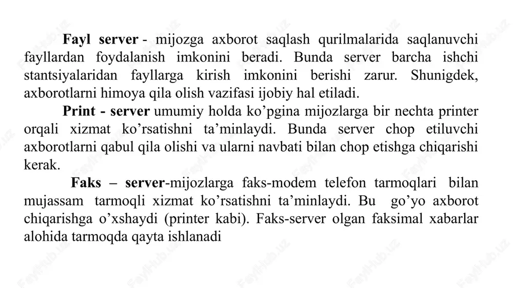 aruvi xizmati. bunda tarmoqqa ulangan barcha kompyuterlarning va ularda qayd qilingan foydalanuvchilarning tarmoqda o’zini tutishi hamda faoliyat yuritishi belgilanadi va nazorat qilinadiweb sahifa - biror voqelik , xodisa yoki ob'ekt to'g'risida ma'lumotlarni o'zida jamlagan ma'lumotlar faylidir. web-sayt tushunchasi. inglizcha “site” (tarjimasi joy, joylashish) so'zining o'zbekcha talaffuzi. umumjaxon o'rgimchak to'ri ma'lum axborotni topish mumkin bo'lgan va noyob url manzillar bilan belgilangan virtual joy. internet bu yagona standart asosida faoliyat ko’rsatuvchi jahon global kompyuter tarmog’idir. uning nomi ikki xil talqin qilinadi, ya'ni “international network” – xalqaro tarmoq va “interconnected networks” «tarmoqlararo» d egan ma'noni anglatadi. modem modulyator-demodulyator so’zlarining qisqartmasi hisoblanadi. ushbu qurilmaning asosiy vazifasi kompyuterdan olingan raqamli signalni uzatish uchun analog shakliga aylantirish va qabul qilingan signalni analog shakl dan raqamli shaklga qaytarish hamda aloqa kanallari bo’ylab uzatishdan iborat. protokol - bu kompyuterlar orasidagi aloqa urnatilishda, ma’lumotlarni qabul kilish va uzatishdan foydalaniladigan singnallar standartidir. ya’ni kompyuterlar protokol yordamida bir-biri bilan bog’lanadi. ip …