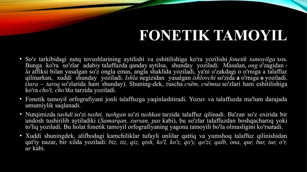 ira, muammo kabi so'zlar ham shu tamoyil asosida yozilgan. rus tili va u orqali o'zlashgan rol, sentner, tender, kompyuter, bank, senator, aksiya kabi so'zlar etimolo-gik-grafik tamoyil asosida yozilmoqda. shunisi xarakterliki, o'zbek tili talaffuzi uchun qiyin bo'lgan ba'zi ruscha-internatsional so'zlar hozirgi orfografik qoidalarga ko'ra, istisno tarzda, tilimizning talaffuz xususiyat-lariga moslab yoziladi va talaffuz qilinadi: kiosk – kioska, propusk – propuska, otpusk – otpuska, bank – banka kabi. ayni vaqtda orfografiya tamoyillari o'rtasida uzviy aloqa ham mavjud. oilaviy, navoiy kabi so'zlarning oxiridagi -viy, -iy qo'shimchalari tarixiy-an'anaviy tamoyilga ham, etimologik-grafik tamoyilga ham mos keladi. jo'nalish kelishigi shakli -ga, -ka, -qa yozilishida fonetik va morfologik tamoyillar mos keladi. o`zbek tili punktuatsiyasi. pungtuatsiya yozma fikrni aniq va ravon, tushunarli va ifodali bayon qilishda muhim ahamiyatga egadir. yozma nutqning ayrim leksik-garamatik vositakar bilan ifoda qilish mumkin bo’lmagan tomonlarini ifoda qilishda pungtuatsiyaning ahamiyati yanada ortadi. pungtuatsiya tilshunoslikda uch ma’noda qo’llanadi: tinish belgilari sistemasi va ularninq qo’llanish qoidalari …