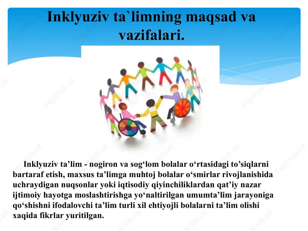 riy etiladi; ta’lim jarayonida o‘quvchilarni ma’naviy-ahloqiy tarbiyalashga, ularning jismonan sog‘lom va baquvvat shakllanishiga qaratilgan choralar ko‘riladi; o‘quvchilarning jismoniy va aqliy ehtiyojidan hamda ta’lim muassasalarining geografik joylashuvidan kelib chiqib ixtisoslashtirilgan davlat ta’lim muassasalari (maktab va maktab-internatlar) soni optimallashtiriladi. 2021/2022 o‘quv yilida tajriba-sinov tariqasida: shaharlar hamda toshkent shahri tumanlarida joylashgan bittadan umumta’lim maktablarida inklyuziv ta’lim tizimini joriy qilinadi; qoraqalpog‘iston respublikasi, viloyatlar va toshkent shahrida joylashgan bittadan umumta’lim maktabida alohida ta’lim ehtiyojlari bo‘lgan bolalar uchun boshlang‘ich tayanch korreksion sinflarni ochiladi. qashqadaryo, farg‘ona va xorazm viloyatlarida joylashgan bittadan kasb-hunar maktabida ixtisoslashtirilgan ta’lim muassasalarining 9-sinf bitiruvchilari hamda alohida ta’lim ehtiyojlari bo‘lgan bolalar uchun ixtisoslashtirilgan guruhlar tashkil etiladi. inklyuziv ta`limning bosqichlari oila. mahalla. maktab jamoasi. sinfdoshlar inklyuziv ta'lim ishtirokchilari. mamlakatimizda bugungi kunda jismoniy yoki aqliy rivojlanishida nuqsoni bo‘lgan bolalar uchun mo‘ljallangan 86 ta ixtisoslashtirilgan davlat ta'lim muassasasida 21 ming 363 bola ta'lim-tarbiya olmoqda. 13 ming 868 o‘quvchiga esa uyda yakka tartibda ta'lim beriladi. bugungi kun talablari …
