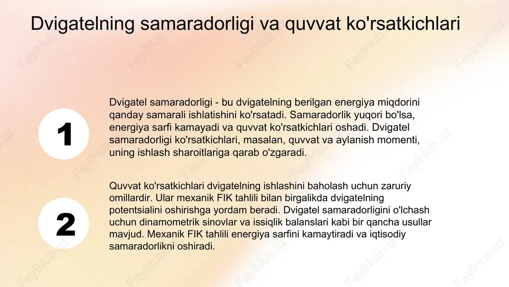 m. samaradorlikni oshirishning umumiy usullari 1. yoqilg'i samaradorligini oshirish. 2. mexanik qismlar sifatini yaxshilash. 3. dvigatel sozlamalarini optimallashtirish. 4. yangi texnologiyalarni qo'llash. 5. tez-tez texnik xizmat ko'rsatish. tajribalar va misollar orqali samaradorlikni oshirish dvigatel samaradorligi bo'yicha o'tkazilgan tajribalar natijalari ko'rsatmoqda, masalan, yangi materiallar yordamida energiyaning sarfini 15% ga kamaytirish mumkin. mexanik fik asoslari va samaradorlik mexanik fik tushunchasi mexanik fik - dvigatelning samaradorligini o'lchash uchun muhim ko'rsatkich bo'lib, uning ish jarayonidagi mexanik energiyaning foydali ishlanishini hisobga oladi. mexanik fik va dvigatel samaradorligi o'rtasidagi bog'liqlik mexanik fik dvigatel samaradorligiga ta'sir qiladi. fikni oshirish orqali energiya samaradorligini yaxshilash va yonilg'i iste'molini kamaytirish mumkin. xulosa dvigatelning samaradorligi va quvvati haqida olib borilgan tahlillar, zamonaviy texnologiyalar va quvvatni oshirishning afzalliklari hamda kamchiliklarini ko'rsatdi. dvigatel samaradorligini oshirishda mexanik fik tahlilining ahamiyati, kelajakdagi imkoniyatlar va yangiliklar haqida fikrlar bildirildi. umuman olganda, quvvatni oshirish orqali dvigatel samaradorligini yanada yuqori darajaga ko'tarish mumkin. kelajakda dvigatel samaradorligini oshirishda yangi …
