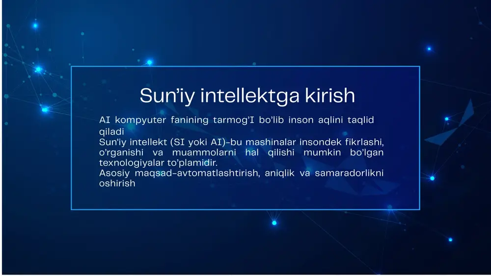 dam beradi . .yangi imkoniyatlar va innovatsiyalar yaratadi -si yordamida yangi texnologiyalar, mahsulotlar va xizmatlar paydo bo’lmoqda. masalan, aqlli shaharlar, avtomatlashtirilgan transport va shaxsiy yordamchilar. xavflari: inson ish o’rinlarini kamaytiradi. shaxsiy ma’lumotlar xavfsizligiga tahdid solidi. soxta axborot (deepfake) orqali odamlarni chalg’itadi. nazoratni yo’qotish va adolatsiz qarorlar xavfi bor. axloqiy muammolar: ai xatolari uchun kim javobgarligi noma’lum. inson qadri pasayishi mumkin. tengsizlik va nazorat kuchayadi. ai ning xavflari va axloqiy muammolari xulosa qilib aytganda ai katta imkoniyat yaratadi, lekin uni adolat, axloq va inson manfaatini hisobga olib ishlatish zarur biznes va kundalik hayotda ai biznesda ai kundalik hayotda ai ta’limda va ish joylarida ai yordamida hisob-kitob, mijozlarga yordam berish(chatbotlar), marketing tahlillari avtomatik bajariladi. ai katta ma’lumotlarni tahlil qilib, korxonaga qaror qabul qilishda yordam beradi ai kasalliklarni aniqlash va sog’liqni kuzatishda yordam beradi. navigatsiya tizimlari, avtoulovlardagi “autopilot”lar ai asosida ishlaydi. tavsiyalar, filtirlash va reclama ai orqali boshqariladi. ai o’quvchilarga individual dars rejalari …