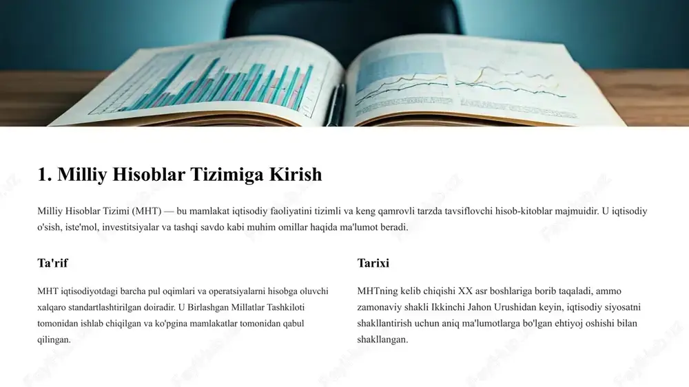 ari xalqaro valyuta jamg'armasi va jahon banki kabi tashkilotlar tomonidan mamlakatlarning iqtisodiy holatini baholash va moliyaviy yordam ko'rsatishda ishlatiladi. farovonlikni o'lchashdagi rol mht iqtisodiy farovonlikni o'lchashda asosiy rol o'ynaydi, ammo u faqat iqtisodiy o'lchovdir. ijtimoiy va ekologik omillar ham farovonlikning muhim qismidir. kelajakda mht yanada kengroq ko'rsatkichlarni o'z ichiga olishi va barqaror rivojlanish maqsadlariga erishishda muhimroq rol o'ynashi kutilmoqda. xulosa va savollar milliy hisoblar tizimi mamlakat iqtisodiy holatini aniq va keng qamrovli tushunish uchun zaruriy vositadir. u siyosatchilarga, iqtisodchilarga va jamoatchilikka iqtisodiy rivojlanishni baholash va kelajakdagi yo'nalishlarni belgilashda yordam beradi. mht: iqtisodiy xarita u iqtisodiy faoliyatning keng qamrovli ko'rinishini taqdim etadi. ma'lumotlarga asoslangan qarorlar siyosatni ishlab chiqish va strategik rejalashtirish uchun asos. kelajak istiqbollari barqaror va inklyuziv rivojlanishni ta'minlashda muhim. endi sizning savollaringizga javob berishga tayyorman. image1.png image2.png image3.png image4.png image5.png image6.png image7.png image8.png image9.png image10.png image11.png image12.png image13.png