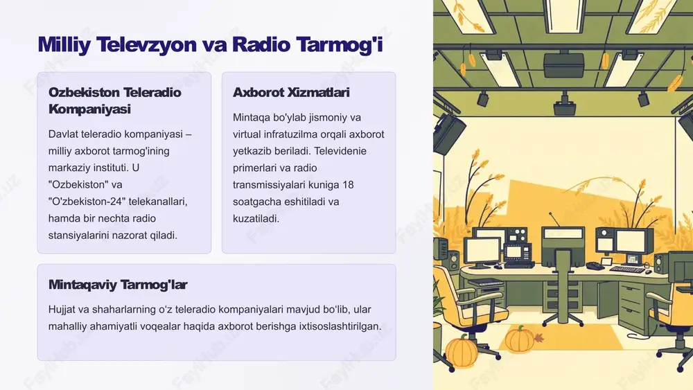 orot sursutkalarining huquqlari va mas'uliyatlari jurnalistlarning huquqlari ijod va fikr erkinligini axborot manbalari himoyasini faoliyat shartlarining xavfsizligini huquqiy kafolatlashni jurnalistlarning mas'uliyatlari axborotning aniqligini ta'minlashni etika kodini bajarishni nizoviy va konstitutsiyaviy qonunlarni himoya qilishni ommaning huquqlariga qaror qilishni 9 xulosa: o'zbekiston ommaviy axborot vositalarining kelajagi mustaqil, mas'ul, munosib o'zbekiston ommaviy axborot vositasektori – jamiyatning maʻlumotlanish huquqi va demokratik rivojlanishining muhim asosi. raqamli transformatsiya, axborot aniqligini ta'minlash va jismoniy mas'uliyyat – ommaviy axborot vositalarining kelajagining asosiy yo'naltiruvchi kuchlari. innovatsiya va texnologiya zamonaviy texnologiyalardan foydalanib, yangi auditoriyaga murojat va mavzualarni yanada chuqur o'rganish. mustaqillik kuchayishi tahrirlash erkinligini, iqtisodiy mustaqilligini va siyosiy xavfsizligini ta'minlash orqali ommaviy axborot institutini kuchaytirish. jamiyat bilan aloqasi shaffof, oʻzaro ishonchga asoslangan ommaviy axborot vositalarining jamiyat bilan bog'lanish-murosalarni ta'minlash. 10 image-1002-1.png image-1002-2.png image-1-1.png image-1003-1.png image-1003-2.png image-2-1.png image-1004-1.png image-1004-2.png image-3-1.png image-1005-1.png image-1005-2.png image-4-1.png image-1006-1.png image-1006-2.png image-5-1.png image-5-2.png image-1007-1.png image-1007-2.png image-6-1.png image-1008-1.png image-1008-2.png image-7-1.png image-7-2.png image-7-3.png image-7-4.png image-1009-1.png image-1009-2.png image-8-1.png image-8-10.png image-8-11.png …
