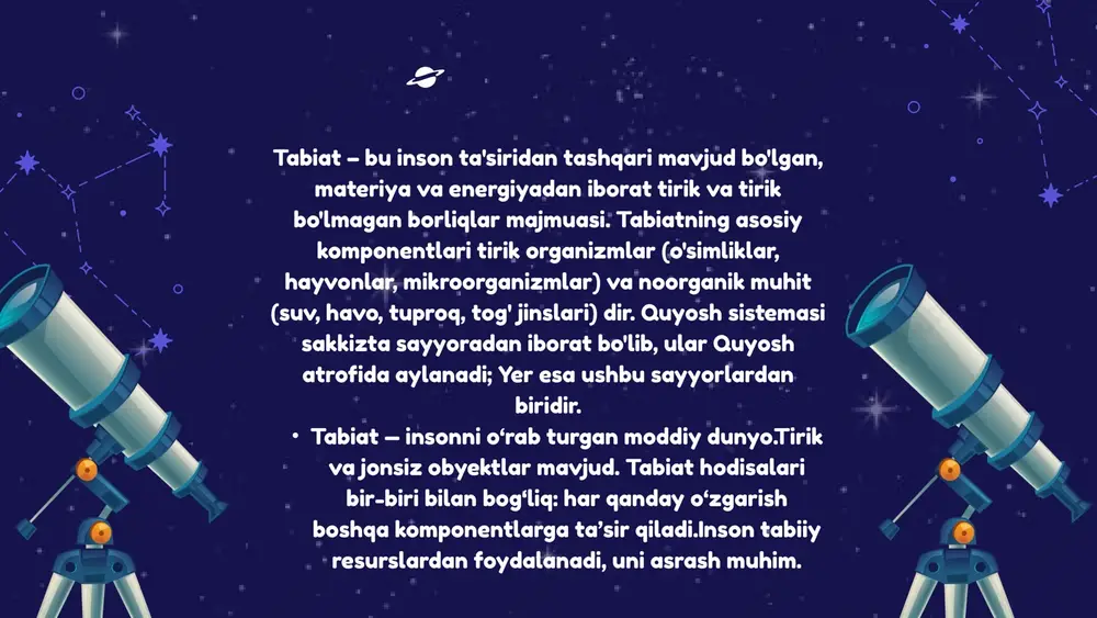 ichik va qattiq, asosan tosh va metallardan iborat. • tashqi sayyoralar katta va gazsimon, ko‘pincha ko‘p yo‘ldosh va halqa tizimiga ega. yer sayyorasi: • quyoshdan uchinchi sayyora, yagona hayot mavjud bo‘lgan sayyora. • radiusi ~6371 km, yuzasining 71% suv bilan qoplangan. sayyoralar harakati: • har bir sayyora quyosh atrofida ellips orbitada aylanadi. • ichki sayyoralar tezroq, tashqi sayyoralar esa sekinroq aylanadi. sayyoralar tizimi yer – quyosh sistemasidagi uchinchi sayyora. yagona hayot mavjud bo‘lgan sayyora. shakli va o‘lchami: yer sferik, qutblarda biroz siqilgan ellipsoid shaklida. radiusi ~6371 km, diametri ~12 742 km. tarkibi va yuzasi: yuzining 71% suv bilan, 29% quruqlik bilan qoplangan. atmosfera, gidrosfera, litosfera va biosfera mavjud. harakatlari: o‘z o‘qi atrofida aylanadi: kun va tun hosil qiladi. quyosh atrofida aylanadi: fasllar almashadi. yer sayyorasi yer o‘z markaziy o‘qi atrofida doimiy ravishda aylanadi. bu aylanish natijasida yer yuzida kun va tun almashadi. quyosh sharqda chiqib, g‘arbda botadi, shu sababli har …