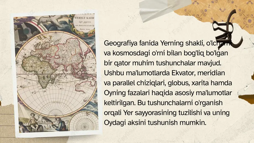 iladi va turli maqsadlar uchun mo'ljallangan. xaritalar siyosiy, fizik, iqlim, transport va boshqa turlarga bo'linadi. xaritada geografik ob'ektlarning joylashishi belgilar yordamida ko'rsatiladi. xaritalar globusga nisbatan tafsilotlarni o'rganishda qulayroqdir. zamonaviy xaritalar raqamli shaklda ham mavjud. xarita proyeksiyalari - yer sferik yuzasini tekislikda ifodalash usullari mavjud. har bir proyeksiyaning o'ziga xos xususiyatlari va kamchiliklari bor. oy fazolar: oy fazalari oyning yer va quyosh nisbatan turli joylashuvi tufayli ko'rinadigan shakllaridir. oy fazalari 29.5 kunlik davrda takrorlanadi. asosiy oy fazalari quyidagilardan iborat: yangi oy, birinchi chorak, to'lin oy va so'nggi chorak. yangi oy paytida oy yerdan ko'rinmaydi. birinchi chorakda oy yarim doira shaklida ko'rinadi. to'lin oy paytida oy to'la yorug' doira shaklida ko'rinadi. so'nggi chorakda oy yana yarim doira shaklida ko'rinadi. oy fazalarining o'zgarishi oyning yer atrofida aylanishi natijasida ro'y beradi. oy fazalari qadim zamonlardan beri vaqtni hisoblashda qo'llanilgan. xulosa geografik tushunchalar yerning tuzilishi va kosmosdagi hodisalarni o'rganishda muhim ahamiyatga ega. ekvator, meridian va …