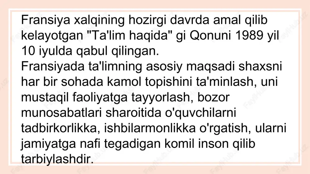 ar ona tilidan, tushdan keyin esa matematika va boshqa fanlardan saboq oladilar. fransiya maktablarida ona tili, adabiyot hamda matematika - asosiy fanlar, tarix, geografiya, mehnat ta' limi, jismoniy tarbiya fanlari esa rivojlantiruvchi fanlar hisoblanadi. ushinshi bosqich - chuqurlashtirilgan bosqich. bunda o'quvchilarning tayyorlov va boshlang'ich bosqichidagi bilimlari yanada chuqurlashtiriladi. dasturlarda o'quv bo'limlarining barchasiga uch bosqich bo'yicha aniq, alohida - alohida talablar qo'yiladi enter title click here to add content of the text，and briefly explain your point of view 03 mamlakatda maktablar davlat maktabi, xususiy maktab, oraliq maktablariga bo'linadi. darslarning qirq besh foizi gumanitar fanlar, qolganlari esa tabiiy fanlardir. sinflarning o'rtacha haftalik darslari yigirma olti soatdan iborat bo'lib, darslarning davomiyligi oltmish minutdir. sinflardagi bolalarning soni o'rtacha o'ttiz besh va qirqtani tashkil qiladi. fransiyada o'quv yili beshta chorakka bo'linadi. thank you fresh cartoon teaching template small snail boshlang'ish sinflardagi o'qish ertalabki va tushdan keyingi qismlarga bo'linadi. ertalab o'quvchilar ona tilidan, tushdan keyin esa …
