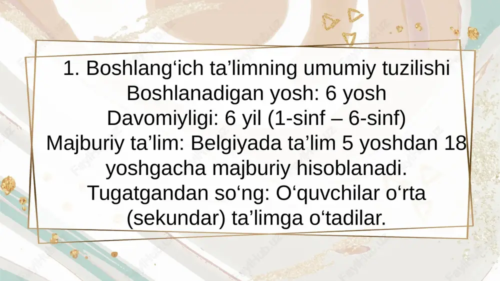 holash o‘quvchilar muntazam ravishda yozma va og‘zaki testlar orqali baholanadi. 6-sinf oxirida o‘quvchilarga sertifikat (certificat d’études de base / getuigschrift basisonderwijs) beriladi. bu hujjat o‘rta maktabga o‘tish uchun zarur. 04 enter title the user can perform the presentation on a projector or computer, and the powerpoint can be printed out and made into film. boshlang‘ich maktabga tayyorgarlik (maktabgacha) 2,5 yoshdan 6 yoshgacha bolalar maternelle (bolalar bog‘chasi) yoki kleuterschoolga qatnaydi. bu bosqich majburiy emas, lekin deyarli barcha bolalar qatnashadi. u yerda ijtimoiy, til va harakat ko‘nikmalari rivojlantiriladi. o‘quv yili odatda sentyabrdan iyungacha davom etadi. haftasiga 5 kun (dushanbadan jumagacha) dars bo‘ladi. darslar ertalab 8:30–9:00 da boshlanib, 15:30–16:00 da tugaydi. ta’til: kuzgi, qishki, bahorgi va yozgi ta’tillar mavjud. add your text here e’tiboringiz uchun rahmat! add your text here image1.png image2.png image3.png image4.jpeg image5.jpeg image6.jpeg image7.jpeg