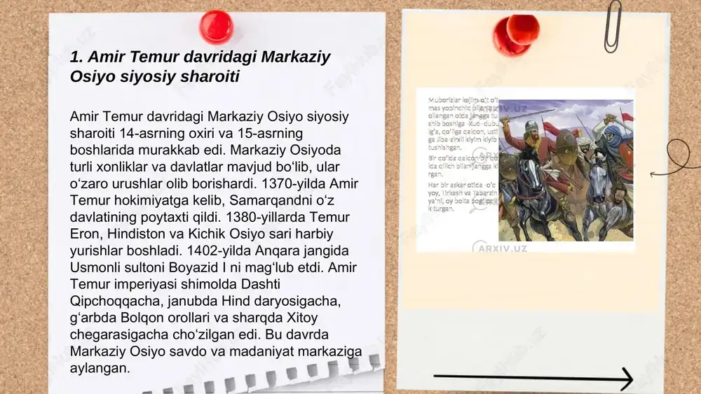 nglardan biri 1391-yilda kunduzchoqda bo'lib o'tdi, ikkinchisi esa 1395-yilda terek daryosidagi jang edi. shuningdek, amir temurning raqiblari orasida osiyoda joylashgan bir qator davlatlar va xonliklar ham bor edi. ularning orasida g'arbiy eron hududidagi jaloyiriylar va movarounnahrda qudratni qo'lga olishga uringan mahalliy amirlar kabilar bor edi. amir temurning muvaffaqiyatlariga qaramay, raqiblari uning harbiy salohiyatini sinovdan o'tkazgan. ... t.me/slaydai_bot 7. amir temurning hokimiyat uchun kurashi amir temur hokimiyat uchun kurash davomida kesh shahrida 1336-yilda tug‘ilgan. u 1360-yillarda movarounnahr uchun kurashni boshladi va 1370-yilda hokimiyat tepasiga keldi. temur xuroson, eron, hindiston va boshqa hududlarga harbiy yurishlar uyushtirdi. 1380-yillarda temur o‘z imperiyasining chegaralarini kengaytirib, markaziy osiyoning qudratli hukmdoriga aylandi. 1398-yilda hindiston kampaniyasida muvaffaqiyat qozonib, dehli shahrini egalladi. 1402-yilda anqara jangida usmonli sultoni boyazid i ni mag‘lubiyatga uchratdi. temurning hukmronligi davrida samarqand poytaxt sifatida rivojlandi va madaniy markazga aylandi. temur 1405-yilda o‘tror yaqinida vafot etdi. ... t.me/slaydai_bot amir temur 1370-yilda movarounnahrda markazlashgan davlat tashkil etdi. …