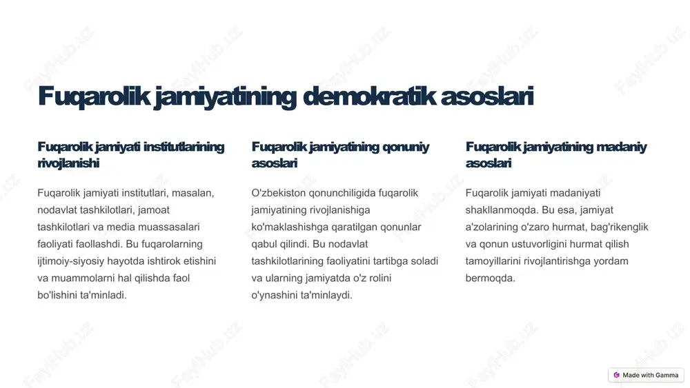 mustaqil tashkilotlarning faoliyati qo'llab-quvvatlandi, bu esa inson huquqlarini buzish holatlarini o'rganish va ularni bartaraf etishga yordam berdi. 6 ommaviy axborot vositalari erkinligini ta'minlash matbuot erkinligini ta'minlash matbuot erkinligi konstitutsiyaviy ravishda kafolatlangan, bu esa jamiyatda muhim rol o'ynaydi, chunki u muhim ma'lumotlarni tarqatish va jamoatchilikni xabardor qilish imkoniyatini beradi. radio va televidenie erkinligini rivojlantirish radio va televidenie tarmoqlari mustaqil ravishda faoliyat olib borish imkoniyatiga ega, bu esa xilma-xil fikrlarni ifodalash imkoniyatini beradi. internet erkinligini ta'minlash internetda axborot almashinuvi va fikrlarni ifodalash erkinligi ta'minlangan, bu esa o'zbekiston fuqarolari uchun global axborotga kirish imkoniyatini kengaytirdi. 7 siyosiy ko'rsatuvlar, saylovlar tizimini takomillashtirish shaffoflik va ochiqlik saylovlar tizimi shaffoflik va ochiqlik tamoyillarini joriy etish yo'lida takomillashtirildi. fuqarolik ishtiroki fuqarolar saylov jarayonida faol ishtirok etish imkoniyatiga ega bo'lishdi, bu esa saylovlarning demokratik xususiyatlarini mustahkamladi. xalqaro kuzatuvchilar saylovlarda xalqaro kuzatuvchilar ishtirok etishi ta'minlandi, bu esa saylovlarning xolislik va adolatliligi bo'yicha xalqaro miqyosda baholash imkonini berdi. 8 ijtimoiy-siyosiy …
