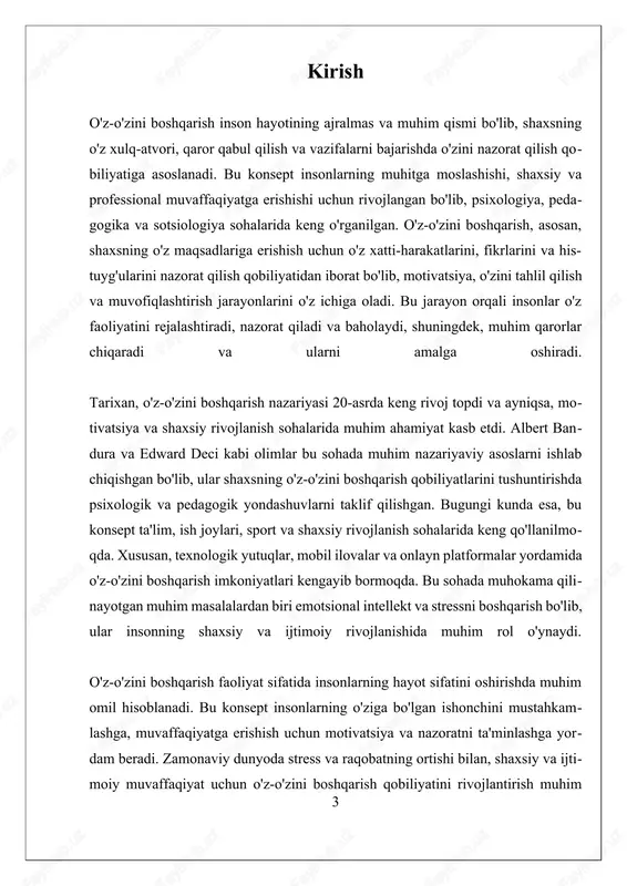 hayotida muhim o'zgarishlarga olib kelishi mumkin. xulosa qilib aytganda, o'z-o'zini boshqarish faoliyati inson hayotining har bir sohasida muhim o'rin tutadi. bu shaxsning o'ziga bo'lgan ishonchini oshiradi, muvaffaqiyatga erishish uchun zarur bo'lgan motivatsiya va nazoratni ta'minlaydi. kelajakda, texnologik va psixologik yutuqlar yordamida, bu konsept yanada rivojlanib, insonlarning shaxsiy va professional hayotida muhim rol o'ynashda davom etadi. i. o'z-o'zini boshqarishning psixologik asoslari va nazorat usullari oʻz-oʻzini boshqarish faoliyat sifatida inson hayotining muhim jihatlaridan biri bo‘lib, u shaxsning o‘z maqsadlariga erishish, muhit bilan moslashish va shaxsiy rivojlanishni ta’minlashda asosiy rol o‘ynaydi. bu jarayon insonlarning o‘z xulq-atvori, qaror qabul qilish va vazifalarni bajarishda o‘zini nazorat qilish qobiliyatlariga asoslangan bo‘lib, shaxsning ichki motivatsiyasi, emotsional holati va kognitiv imkoniyatlariga bog‘liqdir. o‘z-o‘zini boshqarish faoliyati insonlar uchun o‘z maqsadlariga erishishning muhim shartlaridan biri bo‘lib, uning rivojlanishi va samaradorligi insonning umumiy muvaffaqiyatiga ta’sir ko‘rsatadi. o‘z-o‘zini boshqarish faoliyatining psixologik asoslarini tushunishda, avvalo, uning ikki asosiy komponentini ajratish mumkin: kognitiv nazorat …