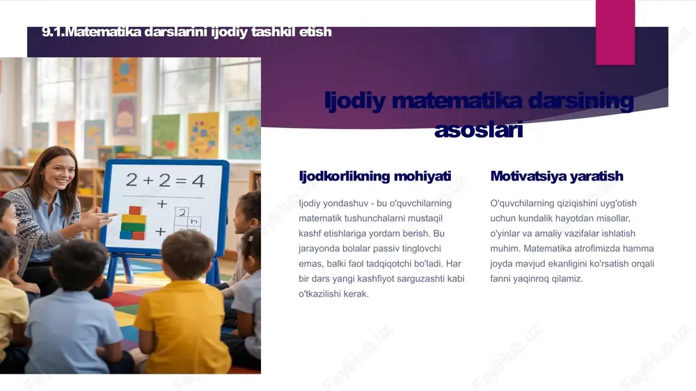 va qanday natijalarga erishilishini belgilaymiz. uslub va metodlarni tanlash eng samarali va qiziqarli uslublarni tanlaymiz. interaktiv metodlar, texnologiyalar va vizual vositalarni rejalashtıramız. materiallar tayyorlash barcha kerakli materiallarni oldindan tayyorlab qo'yamiz. texnik vositalar, handout materiallar va ko'rgazma vositalarini sinab ko'ramiz. darsni sinovdan o'tkazish ochiq darsdan oldin o'quvchilar bilan mashq qilib ko'ramiz. vaqtni to'g'ri taqsimlash va muammolarga yechim topamiz. 9.2.matematikadan ochiq darslar tashkil etish 9 samarali ochiq dars o'tkazish tamoyillari vaqtni boshqarish har bir bosqich uchun aniq vaqt belgilab, rejadan chetga chiqmaslik muhim emotsional muhit ijobiy va qo'llab-quvvatlovchi muhit yaratish orqali o'quvchilarning ishtirokini ta'minlash maqsadga yo'naltirilganlik dars davomida asosiy maqsadlardan adashmaslik va natijalarga erishish moslashuvchanlik kutilmagan vaziyatlarga tez moslasha bilish va alternativ yechimlarni taklif qilish 9.2.matematikadan ochiq darslar tashkil etish 10 ochiq darsdan so'ng tahlil qilish 1 darhol tahlil dars tugashidan so'ng darhol o'z-o'zini baholash va asosiy kuzatishlarni yozib qo'yish. nima yaxshi bo'ldi, nimani yaxshilash kerak? 2 kuzatuvchilar fikri darsni kuzatgan o'qituvchilar …