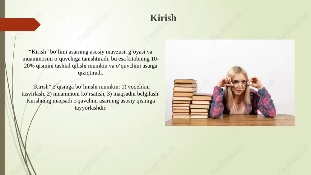 hlarni aniq talaffuz qilish uchun artikulyatsiya organlarini mashq qildiradi. nafas olish texnikalari, masalan, diafragma bilan nafas olish, ovozni nazorat qilish va ta'sirchan o'qish uchun muhim bo'lgan havo oqimini barqarorlashtirishga yordam beradi. xulosa xulosa, asosan, kitobning asosiy fikrlari va argumentlarining qisqa va aniq bayonidir, odatda, 200-300 so'zdan oshmaydi. u 3-5 ta asosiy nuqtani jamlaydi. xulosada muallifning maqsadini, asosiy dalillarni va muhim natijalarni, masalan, 7 asosiy topilmani ta'kidlash kerak, lekin yangi ma'lumotlar kiritilmasligi lozim. e'tiboringiz uchun rahmat image1.jpg image2.jpg image3.jpg image4.jpg image5.jpg image6.jpg image7.jpg image8.jpg image9.jpg image10.jpg image11.png image12.jpg image13.jpg