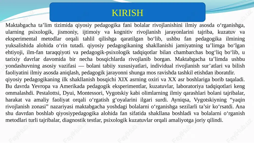 dagogik jarayonni ilmiy asosda boshqarish, bolalarning rivojlanish trayektoriyasini aniqlashda qiyosiymetodlar fanining ahamiyati yanada ortdi. o‘zbekistonda qiyosiypedagogika fanining istiqbollari keng bo‘lib, kelajakda ilmiy tadqiqot ishlarini ko‘paytirish, zamonaviy laboratoriyalar tashkil etish, tarbiyachi-pedagoglarni ilmiy-innovatsion faoliyatga tayyorlash bo‘yicha tizimli ishlarni kuchaytirish zarur. maktabgacha ta’lim sifatini oshirish, bolani har tomonlama rivojlantirish, ta’lim jarayonini ilmiy asoslash uchun doimiy monitoring, tajriba-sinov ishlari, pedagogik diagnostika mislsiz ahamiyatga ega. zamonaviy yondashuvlar, raqamli texnologiyalar va ilmiy izlanishlar asosida qiyosiypedagogika fani yanada boyib, maktabgacha ta’lim tizimining samaradorligini oshirishga xizmat qiladi. bugungi kunda qiyosiy pedagogika maktabgacha ta’lim tizimining asosiy ilmiy tayanch fanlaridan biriga aylangan bo‘lib, innovatsion rivojlanish jarayonida pedagoglarning kasbiy mahoratini oshirish, ta’lim sifatini kuchaytirish va bolalar rivojlanishini chuqur o‘rganishda muhim omil sifatida qaraladi. maktabgacha yoshdagi bolalar psixologik jihatdan faol, qiziquvchan va faoliyatga moyil bo‘lgani sababli, ularning nutqi, fikrlashi, tasavvuri, mayllari va kompetensiyalarini o‘rganishda qiyosiyyondashuvni qo‘llash zaruriyati yanada oshmoqda. ana shu jarayonda pedagog-psixologlar tomonidan bola shaxsining rivojlanish dinamikasini kuzatish, o‘zgarishlarni aniqlash va …