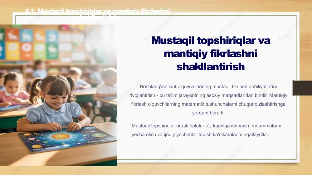 amonlari orqali matematik vaziyatlarni yaratish va yechish 4.2.muammoli vaziyatlar orqali tanqidiy nuqtai nazarni shakllantirish 9 tanqidiy fikrlashni rivojlantirish bosqichlari kuzatish va tahlil o'quvchilar berilgan vaziyatni diqqat bilan o'rganib, asosiy ma'lumotlarni ajratib oladilar. bu bosqichda bolalar savollarni to'g'ri qo'yishni o'rganadilar. gipoteza qo'yish kuzatilgan ma'lumotlar asosida taxminlar va farazlar qilish. bolalar turli yechim yo'llarini o'ylab topishni o'rganadilar. tekshirish va hisoblash qo'yilgan gipotezalarni amalda tekshirish va matematik hisob-kitoblar orqali natijalarni olish. xulosa chiqarish olingan natijalar asosida mantiqiy xulosalar chiqarish va ularni real vaziyatlarda qo'llash yo'llarini topish. 4.2.muammoli vaziyatlar orqali tanqidiy nuqtai nazarni shakllantirish 10 muammoli vaziyatlar yaratish tamoyillari qiziqarli mazmun bolalar uchun jozibali va tushinarli mavzular tanlash muhimdir. vaziyat ular uchun tanish va yaqin bo'lishi kerak. tanish personajlar yaqin muhit qiziq voqealar mos murakkablik masala bolalarning yosh xususiyatlariga mos kelishi va ularning imkoniyatlari doirasida bo'lishi zarur. yosh xususiyatlari bilim darajasi individual qobiliyat amaliy ahamiyat masalaning real hayotda qo'llanilishi va foydali ekanligini ko'rsatish bolalarni …