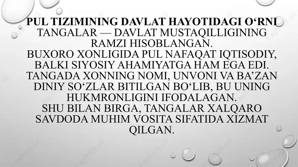 bebaho tarixiy manba hisoblanadi. tangalar dizayni va estetikasi tangalar yumaloq, ayrimlari esa ozgina oval shaklda bo‘lgan. • markazda xon nomi, atroflarda duo yoki oyat yozuvlari. • chekka qismlarida bezakli naqshlar. • har bir xon davrida uslub biroz o‘zgargan, bu san’at va texnika rivojini aks ettirgan. tangalar buxoro metall hunarmandchiligida ham yuksak darajani ko‘rsatgan. xix asr oxiridagi tanga tizimidagi o‘zgarishlar xix asr oxirida rossiya imperiyasi markaziy osiyoni bosib olishi bilan buxoro xonligi iqtisodiy jihatdan mustaqilligini yo‘qota boshladi. • rus rubli muomalaga kirib keldi. • mahalliy tangalar asta-sekin muomaladan chiqdi. • so‘nggi tangalar amir muzaffar (1860–1885) davrida zarb etilgan. bu buxoro tangalar tarixining yakuniy bosqichi edi. xulosa buxoro xonligi tangalari: • davlat mustaqilligining ramzi bo‘lgan • savdo, iqtisodiyot va madaniyatni rivojlantirgan • islomiy yozuv va naqshlar orqali ma’naviy qadriyatlarni aks ettirgan • bugungi kunda tarix, arxeologiya va numizmatika fanlari uchun muhim manba bo‘lib xizmat qilmoqda. ular o‘tmishimizning iqtisodiy va madaniy boyligini yorqin …
