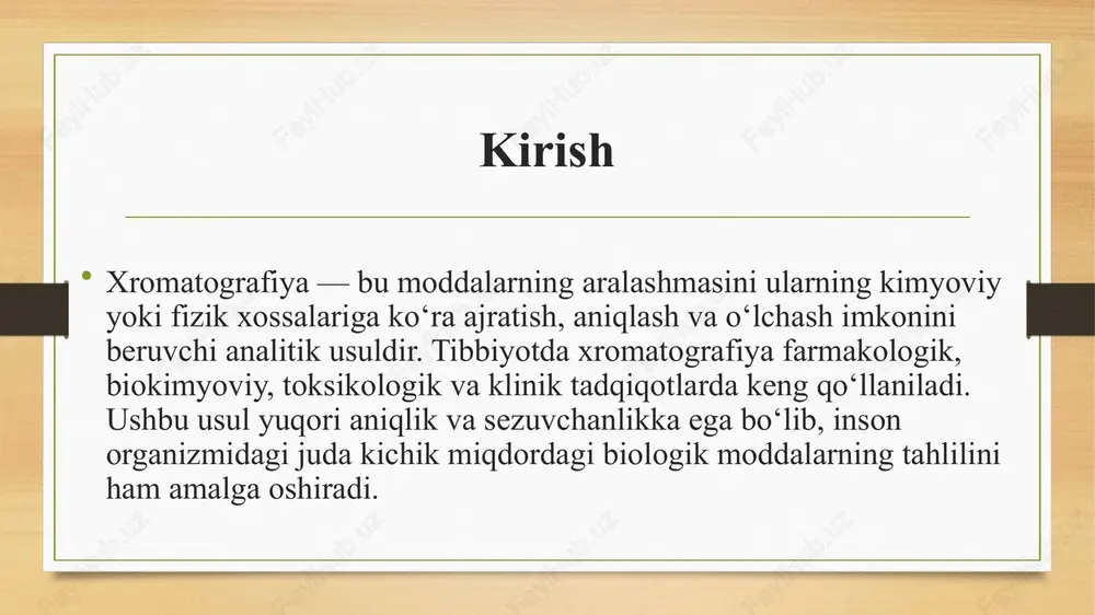 alarning o‘zi ham qayd etilishi mumkin. klinik toksikologiyada xromatografiya bemorlarga tez yordam ko‘rsatish, zaharlanish darajasini aniqlash va davolash strategiyasini tanlashda muhim ahamiyatga ega. sud-tibbiy sohada ham zaharlanish sababini aniqlashda xromatografiya keng qo‘llaniladi. sud-tibbiy ekspertizada xromatografiya sud-tibbiyotida xromatografik tahlillar jinoyatlarni tergov qilishda hal qiluvchi o‘rin tutadi. qon, soch, tirnoq, to‘qima namunalarida alkogol, narkotik moddalar, zaharlar va dori qoldiqlarining mavjudligini aniqlash uchun gc-ms eng ishonchli texnologiya sifatida tan olingan. u moddalarning kimyoviy strukturasi va molekulyar massasi orqali aniq identifikatsiya qiladi. shuningdek, murakkab holatlarda — masalan, o‘lim sababini aniqlash, avtohalokatlarda mastlik darajasini belgilash, zaharlanishni isbotlashda xromatografiya o‘ta muhimdir. aniqlik darajasi yuqori bo‘lgani sababli sud tomonidan ishonchli dalil sifatida qabul qilinadi. klinika laboratoriyalarida qo‘llaniladigan xromatografik texnologiyalar bugungi kunda klinik laboratoriyalar hplc, gc-ms, lc-ms/ms, tlc kabi ilg‘or xromatografik apparatlar bilan jihozlanmoqda. lc-ms/ms tizimlari bir vaqtning o‘zida yuzlab metabolitlarni aniqlay olishi bilan ajralib turadi. ular gormonal disbalans, onkologik markerlar, yurak-qon tomir kasalliklari bilan bog‘liq metabolitlarni aniqlashda …
