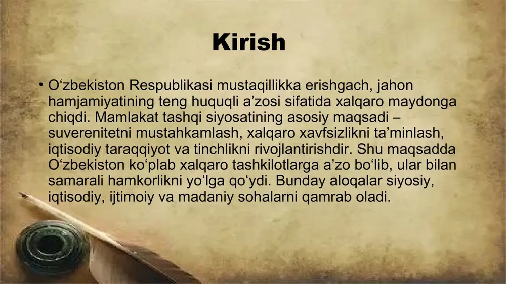 ton ihtga 1996-yilda a’zo bo‘lgan. tashkilot doirasida mamlakat islom sivilizatsiyasining ma’naviy merosini targ‘ib etish, islom olamida tinchlik va taraqqiyot g‘oyalarini yoyishda faol qatnashadi. 2016-yilda ihtning tashkentdagi sammiti o‘zbekistonning nufuzini yanada oshirdi. o‘zbekiston va mdhdan tashqari mintaqaviy tashkilotlar o‘zbekiston xalqaro maydonda boshqa mintaqaviy tashkilotlar, jumladan, turk davlatlari tashkiloti, eko (iqtisodiy hamkorlik tashkiloti) va osce bilan ham samarali aloqalarni yo‘lga qo‘ygan. bu tashkilotlar bilan hamkorlik o‘zbekiston uchun iqtisodiy aloqalarni kengaytirish, yangi investitsiyalarni jalb qilish imkonini bermoqda. o‘zbekiston va jahon banki jahon banki bilan hamkorlik mamlakatda infratuzilma, qishloq xo‘jaligi, ta’lim va sog‘liqni saqlash sohalarini modernizatsiya qilishda muhim ahamiyatga ega. bankning kredit va grant dasturlari o‘zbekiston iqtisodiy islohotlarini qo‘llab-quvvatlab, barqaror rivojlanishga xizmat qilmoqda. o‘zbekiston va xalqaro valyuta fondi (xvf) o‘zbekiston xvf bilan hamkorlik orqali makroiqtisodiy barqarorlikni ta’minlash, moliyaviy tizimni mustahkamlash va iqtisodiy islohotlarni amalga oshirishda yordam olmoqda. xvf ekspertlari mamlakatda iqtisodiy islohotlar jarayonini tahlil qilib, texnik ko‘mak ko‘rsatadi. o‘zbekiston va osiyo taraqqiyot banki (otb) …