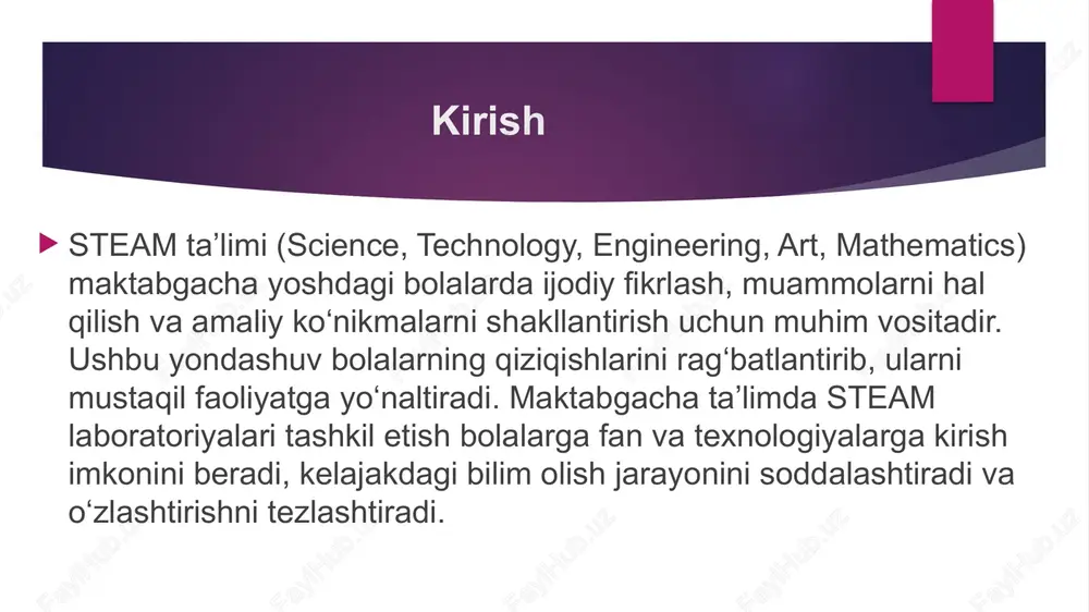 tirish ham muhim hisoblanadi san’at va kreativlikni qo‘llab-quvvatlash steam laboratoriyasida san’at elementi bolalarning kreativligini rivojlantirish uchun muhimdir. rassomlik, qo‘l mehnati, musiqa va dramatizatsiya faoliyatlari bolalarning hissiyotni ifoda etish, rang va shakllarni anglash ko‘nikmalarini oshiradi. bu esa ularni kompleks fikrlashga, dizayn va estetik qadriyatlarni anglashga o‘rgatadi. matematika va mantiqiy fikrlashni rivojlantirish matematika steam laboratoriyasining ajralmas qismi bo‘lib, bolalarga sonlar, shakllar, o‘lcham va nisbatlar haqida bilim beradi. o‘yinlar va interaktiv mashqlar orqali mantiqiy fikrlash, hisoblash va muammolarni yechish ko‘nikmalari shakllanadi. bu jarayon bolalarda ko‘nikmalarni amaliyotda qo‘llash qobiliyatini oshiradi. steam laboratoriyasida xavfsizlik qoidalari maktabgacha yoshdagi bolalar bilan ishlashda xavfsizlik birinchi o‘rinda turadi. laboratoriyada o‘qituvchi va tarbiyachilar xavfsizlik qoidalarini qat’iy rioya qilishlari zarur. asboblar va materiallar bolalar uchun xavfsiz bo‘lishi, zararli moddalar mavjud emasligi ta’minlanishi lozim. shu bilan birga, bolalarni xavfsiz foydalanish bo‘yicha muntazam o‘qitish ham muhim. steam laboratoriyasida amaliy mashg‘ulotlar turlari amaliy mashg‘ulotlar turli ko‘rinishda bo‘lishi mumkin: tajribalar, konstruktorlar bilan ishlash, san’at va …
