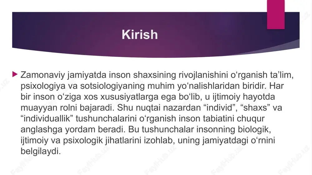 sonni jamiyatda o‘z yo‘lini topishga, ijodkorlikni namoyon etishga undaydi. individuallik tabiiy xususiyatlar va ijtimoiy tajribaning uyg‘unlashuvi natijasida vujudga keladi. individuallik va ijodkorlik o‘rtasidagi bog‘liqlik ijodkorlik — individuallikning eng yorqin ifodasidir. har bir ijodkor inson o‘z dunyoqarashi, his-tuyg‘ulari va tajribasi orqali yangilik yaratadi. steam ta’limi tizimi ham o‘quvchilarda individuallik va ijodkorlikni rivojlantirishga qaratilgan. bunda o‘quvchi o‘z qobiliyatini tajriba, loyiha va izlanishlar orqali namoyon etadi. shu tarzda, individuallik insonni o‘z yo‘lini tanlashga, mustaqil fikrlashga va o‘ziga xos tarzda dunyoni idrok etishga undaydi. shaxsning psixologik tuzilmasi psixologiyada shaxs tuzilmasi bir necha komponentlardan iborat: yo‘nalish (qiziqish, e’tiqod), qobiliyatlar, xarakter, temperament va irodaviy sifatlar. har bir komponent shaxsning ichki dunyosini shakllantiradi. masalan, yo‘nalish insonning maqsadga intilishi bilan bog‘liq bo‘lsa, xarakter uning xatti-harakatini belgilaydi. shaxsning psixologik tuzilmasini tahlil qilish uni tarbiyalash, o‘qitish va rivojlantirish jarayonida muhim ahamiyatga ega. shaxs rivojlanishiga ta’sir etuvchi omillar shaxsning rivojlanishiga uch asosiy omil ta’sir ko‘rsatadi: irsiyat, muhit va tarbiya. irsiyat insonning …