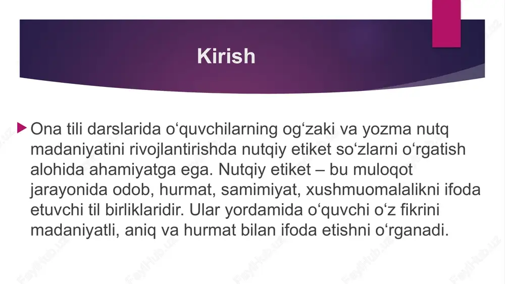 ri”, toshkent, 2020. 3. o‘zbekiston respublikasi dts – ona tili fani, 2022-yil. 4. sodiqova n. “til va muomala odobi”, toshkent, 2019. 1-savol: nutqiy etiket nima? javob: nutqiy etiket — bu kishilar o‘rtasidagi muloqot madaniyatini tartibga soluvchi, odob va hurmatni ifoda etuvchi so‘z va iboralardir. u salomlashish, xayrlashish, minnatdorchilik bildirish, uzr so‘rash, tabriklash kabi holatlarda qo‘llaniladi. 2-savol: ona tili darslarida nutqiy etiketni o‘rgatishning asosiy maqsadi nima? javob: asosiy maqsad — o‘quvchilarda til madaniyatini, muomala odobini, hurmat, samimiyat va e’tibor kabi insoniy fazilatlarni shakllantirishdir. 3-savol: nutqiy etiket so‘zlarining asosiy turlari nimalardan iborat? javob: ular salomlashuv va xayrlashuv, minnatdorchilik, uzr so‘rash, iltimos, tabrik va tilak bildirish so‘zlaridan iborat. masalan: “assalomu alaykum”, “rahmat”, “iltimos”, “kechirasiz”, “tabriklayman”. 4-savol: nega o‘qituvchi nutqiy etiketda o‘rnak bo‘lishi kerak? javob: chunki o‘qituvchi o‘quvchilar uchun tirik namunadir. u o‘z nutqida “marhamat”, “rahmat”, “iltimos” kabi so‘zlarni ishlatib, bolalarga madaniyatli muomala qilishni amalda ko‘rsatadi. 5-savol: nutqiy etiket so‘zlarni o‘rgatishda qaysi metodlar samarali …