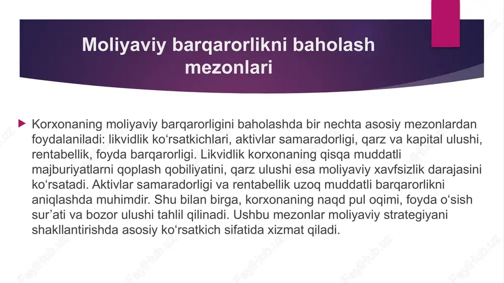 ishi muhimdir. aktivlarni noto‘g‘ri boshqarish, ayniqsa qimmatli ashyolar va ishlab chiqarish quvvatlarini to‘g‘ri ishlatmaslik foyda kamayishiga olib keladi. aktivlarni optimallashtirish orqali ishlab chiqarish samaradorligi oshadi, xarajatlar kamayadi va rentabellik yaxshilanadi. buning uchun inventarizatsiya, ishlab chiqarish quvvatlarini rejalashtirish, ortiqcha aktivlarni sotish yoki ijaraga berish kabi usullar qo‘llaniladi. aktivlarni samarali boshqarish moliyaviy barqarorlik va korxona raqobatbardoshligini ta’minlaydi. xarajatlarni nazorat qilish xarajatlarni nazorat qilish korxona moliyasining barqarorligini saqlashning asosiy vositasi hisoblanadi. buning uchun byudjetlarni tuzish, xarajatlarni tahlil qilish, isrofchilikni kamaytirish va xarajatlar optimallashtiriladi. samarali xarajat nazorati foyda va likvidlikni oshiradi, moliyaviy xavfni kamaytiradi. shu bilan birga, xarajatlarni tahlil qilish orqali resurslarni qayta taqsimlash, ishlab chiqarish jarayonini takomillashtirish va raqobatbardoshlikni oshirish mumkin. korxonada xarajatlarni doimiy monitoring qilish tizimi moliyaviy barqarorlikning ajralmas qismidir. rentabellikni oshirish yo‘llari korxona moliyaviy barqarorligini oshirishning muhim yo‘li rentabellikni yaxshilashdir. buning uchun ishlab chiqarish samaradorligini oshirish, mahsulot sifatini yaxshilash, yangi bozorlarni jalb qilish va xarajatlarni kamaytirish zarur. rentabellik ko‘rsatkichlari foyda va …