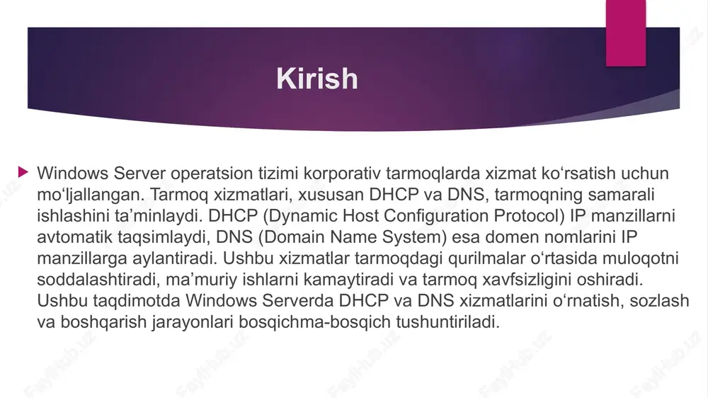 printerlar yoki serverlar uchun muhim. rezervatsiya mac manzil orqali amalga oshiriladi, ya’ni server qurilmaning noyob mac manzilini taniydi va unga belgilangan ip beradi. rezervatsiya tarmoqdagi muhim qurilmalar uchun barqaror ip manzilni ta’minlashga yordam beradi. shuningdek, bu tarmoqdagi ip manzillarni konfliktlardan himoya qiladi. dhcp lease va uni boshqarish dhcp lease – qurilmaga berilgan vaqtinchalik ip manzil muddatidir. muddat tugagach, qurilma yangi ip oladi. administratorlar dhcp konsolidan lease holatini kuzatishi, muddati o‘tgan iplarni qayta taqsimlashi mumkin. bu tarmoq resurslarini samarali ishlatish va ip manzillarni optimal boshqarish uchun muhim. lease muddati tarmoqdagi qurilmalar soni va tarmoq yukiga qarab belgilanadi. dhcp server bu jarayonni avtomatik ravishda boshqaradi. dhcp filtrlar va xavfsizlik dhcp filtrlar yordamida tarmoqda ip olish huquqiga ega qurilmalarni aniqlash mumkin. masalan, faqat ro‘yxatdan o‘tgan mac manzillar dhcp xizmatidan foydalanadi. bu tarmoq xavfsizligini oshiradi va ruxsatsiz qurilmalarning ulanmasligini ta’minlaydi. filtrlarni sozlash orqali tarmoqni nazorat qilish osonlashadi. shuningdek, dhcp loglarini kuzatish orqali tarmoqdagi muammolarni …