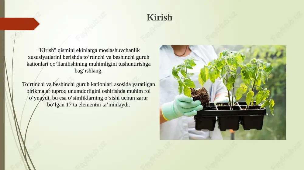 getik molekulalarning tarkibiga kirib, fotosintez va nafas olish kabi jarayonlarda energiya almashinuvini ta'minlaydi. fosfor dnk va rnk kabi genetik materiallarning tarkibiy qismi bo'lib, irsiy axborotni saqlash va uzatishda ishtirok etadi, o'simliklarning o'sishi va rivojlanishi uchun 1-5% gacha fosfor zarur. fosforli o'g'itlar va ulardan foydalanish usullari fosforli o'g'itlar tarkibida 14% dan 52% gacha p2o5 mavjud bo'lib, bu o'simliklarning ildiz tizimi rivojlanishi va generativ organlarning shakllanishi uchun muhimdir. superfosfat o'g'iti 16% dan 20% gacha p2o5 o'z ichiga oladi va tuproqqa ekishdan oldin sepiladi, chunki fosfor o'simliklar tomonidan asta-sekin o'zlashtiriladi. to'rtinchi va beshinchi guruh kationlarining o'zaro ta'siri to'rtinchi guruh (masalan, ca²⁺) va beshinchi guruh (masalan, p⁵⁺) kationlari o'zaro ta'sirlashib, kaltsiy fosfat (ca₃(po₄)₂) hosil qilishi mumkin, bu tuproqda fosforning so'rilishini kamaytiradi. tuproqda to'rtinchi guruh kationlari, masalan, magniy (mg²⁺) va beshinchi guruh anionlari, masalan, arsenat (aso₄³⁻) o'rtasidagi raqobat o'simliklarning arsenikni olish darajasiga ta'sir qilishi mumkin. tuproq unumdorligini oshirishda to'rtinchi va beshinchi guruh kationlarining kombinatsiyasi titan …