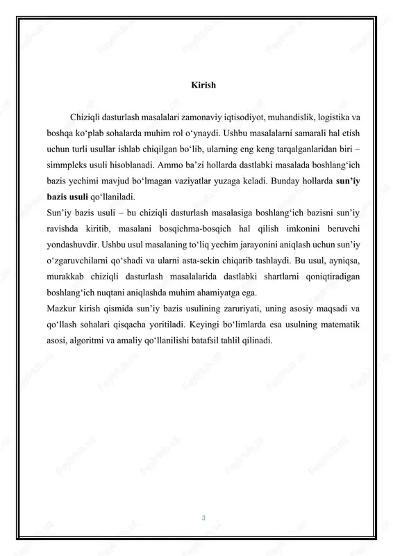 ing o’rniga vektorni kiritish uchun simpleks jadval quyidagi formulalar asosida almashtiriladi. simpleks jadval almashgandan so’ng yana qaytadan optimallik baholari aniqlanadi. agar barcha lar uchun bo’lsa, optimal yechim topilgan bo’ladi. aks holda topilgan bazis reja boshqa bazis reja bilan almashtiriladi. agar tayin bir j uchun tengsizlik o’rinli bo’lsa, u holda 2- teoremaga asosan bu bazis rejani ham yangi bazis rejaga almashtirish kerak bo’ladi. bu jarayon optimal reja topilguncha yoki masaladagi maqsad funksiyaning quyidan chegaralanmagan ekanligi aniqlanguncha takrorlanadi. (5) masalaning optimal yechimining mavjud bo’lmaslik sharti quyidagicha: agar tayin j uchun tengsizlik o’rinli bo’lib, bu ustundagi barcha elementlar nomusbat, ya`ni bo’lsa, u holda masalaning maqsad funksiyasi chekli ekstremumga ega bo’lmaydi. faraz qilaylik, simpleks jadvalda optimallik sharti bajarilsin. bu holda bu yechim formula orqali topiladi. bu yerda matrisa bazis vektorlardan tashkil topgan matrisadir. (1)-(3) masala uchun b matrisa m o’lchovli - birlllik matrisadir, ya’ni . bo’lganligi sababli matrisa ham birlik matrisa bo’ladi. demak, optimal …