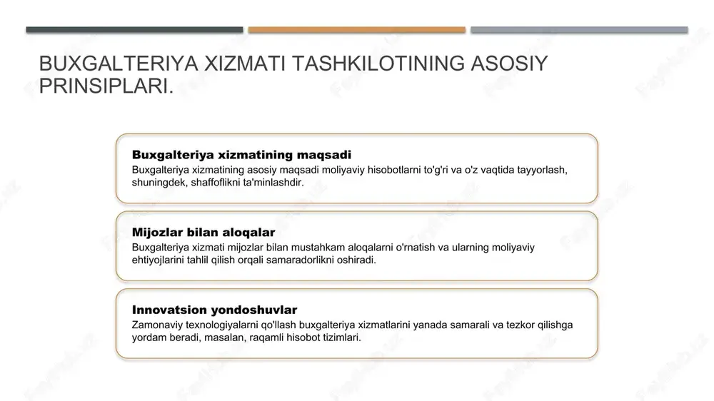 qobatbardoshligini oshiradi. 3 o'zbekistondagi moliya boshqaruvi o'zbekistonda moliya boshqaruvi, kichik va o'rta bizneslar uchun muhim ahamiyatga ega, bu esa iqtisodiy rivojlanishni qo'llab-quvvatlaydi. moliya shaffofligi: o'zbekistondagi dolzarb masalalar. moliya shaffofligi o'zbekistonda iqtisodiy o'sishni ta'minlashda muhim ahamiyatga ega. bu shaffoflik korxonalarning moliyaviy hisobotlarini to'g'ri va aniq taqdim etishini talab qiladi. shu bilan birga, davlat va xususiy sektor o'rtasidagi ishonchni oshiradi. - korxonalarning moliyaviy hisobotlari ochiqligi - investitsiya muhitining yaxshilanishi - moliya nazoratining kuchayishi hisob-kitob va moliya boshqaruvi o'rtasidagi bog'liqlik. 1 hisob-kitob jarayoni hisob-kitob jarayoni moliya boshqaruvining asosiy elementidir. bu jarayon moliyaviy ma'lumotlarni yig'ish, tahlil qilish va hisobot berishni o'z ichiga oladi. 2 moliya boshqaruvi moliya boshqaruvi moliyaviy resurslarni samarali boshqarish uchun zarur. u byudjetni rejalashtirish, xarajatlarni nazorat qilish va risklarni baholashni o'z ichiga oladi. 3 ulanish va ahamiyat hisob-kitob va moliya boshqaruvi o'rtasidagi bog'lanish moliyaviy shaffoflikni ta'minlaydi. bu ikki jarayon birgalikda korxonaning moliyaviy holatini yaxshilashga yordam beradi. moliya xizmati: o'zbek biznesida shaffoflikni …