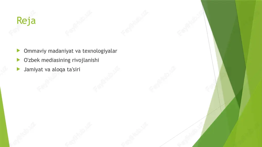 oiy aloqalarni osonlashtirishda muhim vosita bo'lib, yangi imkoniyatlar yaratadi. 3 ijtimoiy tarmoqlar ijtimoiy tarmoqlar, ommaviy madaniyatni tarqatish va muhokama qilish uchun platforma hisoblanadi, bu esa jamoatchilikning fikrini shakllantiradi. 4 madaniyat va identitet ommaviy madaniyat va texnologiyalar, xalqning madaniy identitetini saqlash va rivojlantirishda muhim ahamiyatga ega, bu esa ijtimoiy aloqalarni mustahkamlaydi. o'zbek mediasining tarixiy rivojlanishi: asosiy bosqichlar va voqealar. 1 o'zbek media tarixiga kirish - o'zbek mediasining tarixi 19-asrning oxiridan boshlanadi, bu davrda birinchi gazetalar chop etila boshlandi, madaniyat va siyosiy fikrni rivojlantirishda muhim rol o'ynadi. 2 o'zbek televideniyası - 1956-yilda o'zbek televideniyasining tashkil etilishi, mamlakatda axborot tarqatish va madaniyatni ommalashtirishda yangi bosqichni boshlab berdi, ko'plab dasturlar yaratildi. 3 internet va raqamli davr - 2000-yillardan boshlab internet va raqamli media o'zbekistonda tez sur'atlar bilan taraqqiy etdi, yangi imkoniyatlar va innovatsion platformalar yaratdi, yosh avlodni jalb qildi. o'zbek televideniyasining o'zgarishi: noyob yutuqlar va muammolar. 1 o'zbek televideniyasining tarixi o'zbek televideniyasi 1956 yilda …