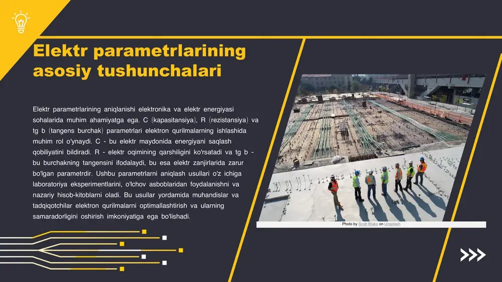 kinchidan, elektr parametrlarining o'zgarishi energiya samaradorligi va qayta tiklanadigan energiya manbalarini qo'llash bilan bog'liq. shu bilan birga, amaliy tadqiqotlar orqali yangi materiallar va usullar ishlab chiqiladi, bu esa elektr tizimlarining samaradorligini oshirishga yordam beradi. bularning barchasi kelajakda elektr parametrlarining rivojlanishiga asos bo'ladi. photo by joe holland on unsplash o'lchov usullari: c, r va tg b aniqlash o'lchov usullari elektr parametrlarini aniqlashda muhim rol o'ynaydi. c (kapasitansiya) ni o'lchash uchun, lcr meterlar yoki kapasitansiya o'lchov asboblari qo'llaniladi. r (rezistansiya) ni aniqlashda, ohmmetrlar yoki multimetrlardan foydalanish mumkin. tg b (qaytish koeffitsienti) ni o'lchash uchun, rf o'lchov asboblari yoki oscilloskoplar yordamida o'lchovlar amalga oshiriladi. har bir usul o'ziga xos xususiyatlarga ega bo'lib, o'lchov natijalari energiya tizimlarining samaradorligini baholashda muhim ahamiyatga ega. photo by scott blake on unsplash kapasitans (c) o'lchash usullari kapasitansni o'lchash uchun bir nechta usullar mavjud. eng keng tarqalgan usullardan biri analog o'lchov uskunalaridan foydalanishdir. masalan, lcr-metr yordamida kapasitansni aniq o'lchash …