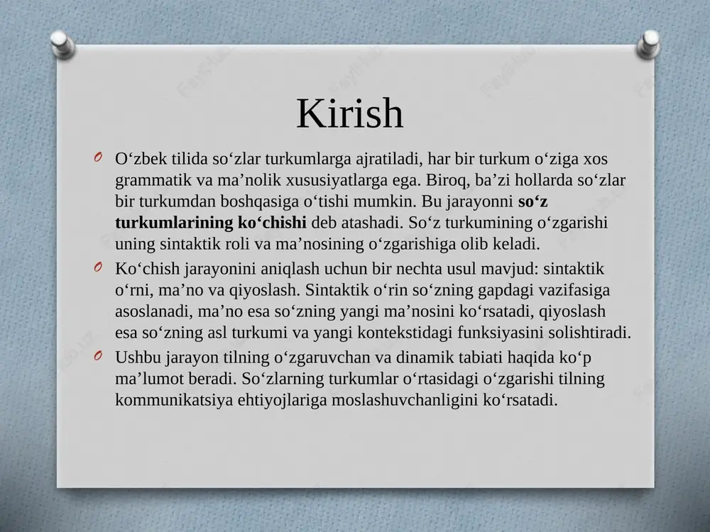 gi jadvalga joylashtiring. 11-mashq. rasmda tasvirlangan joyga diqqat qiling. ma'no kengayishi yoki torayishi: bu jarayon ma'nodagi o‘zgarishlar orqali amalga oshadi. misol:"yosh" (sifat): yosh bola (shaxsning yoshligini ifodalovchi sifat). "yosh" (ot): yosh avlod (bu yerda yosh guruhni, ya’ni yosh avlodni anglatadi). tahlil: so‘zning asosiy vazifasi o‘zgarib, yangi ma’no qatlamlarini hosil qiladi. "yosh" avval sifat bo‘lsa, yangi kontekstdagi ma'nosi tufayli ot vazifasida ishlatilgan. grammatika talabidan kelib chiqib bu jarayon so‘zning vazifasiga qarab o‘zgarishidan kelib chiqadi. misol:"bilimdon" (sifat): bilimdon bola (bilimi ko‘p bo‘lgan shaxsni tasvirlaydi). "bilimdon gapirdi" (ot): bu yerda "bilimdon" sifat vazifasidan chiqib, gapiruvchi shaxsni ifodalayotgan otga aylangan. tahlil: jumladagi vazifa va rol so‘zning turkumini aniqlaydi. ma’noda uncha katta o‘zgarish bo‘lmasa-da, so‘zning grammatik funktsiyasi o‘zgaradi. sintaktik kontekstga moslashish so‘zning gapdagi joylashuvi va sintaktik o‘rni uni boshqa turkumga o‘tkazadi. misol:"yashil" (sifat): yashil barg (rangni ifodalovchi sifat). "yashil bu yil moda bo‘ldi" (ot): bu yerda "yashil" rangning o‘zi haqida gap ketmoqda, ya’ni ot sifatida …