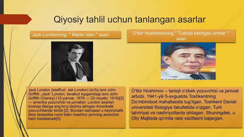 ʻqishni tashlab ketadi. jack londonning adabiy faoliyati 1893-yildan boshlangan. yozuvchining koʻpgina hikoya toʻplamlari, qator qissa va romanlari shimol mavzuida yozilgan („boʻri bolasi“, 1900; „izgʻirin bolalari“, 1902 va boshqalar). „qor qizi“ (1902), „hayot uchquni“ (1907), „shimoliy odisseya“ (1910), „insonga ishonch“ (1914), „qadim dengizchilardek“ (1917), „chandiqli odam“ (1900), „oltin dara“ (1905) va boshqa sarguzasht asarlar muallifi. „olis oʻlkada“ (1899), „ayol mardligi“ (1900), „gulxan yoqish“ (1910), „qish haqida qissa“ (1904) asarlarida tabiat bilan uygʻunlashib ketgan mehnatsevar indeyslarning oʻziga xos hayotini tasvirlagan. „yovvoyilik chaqirigʻi“ (1903), „oq soʻyloq“ (1906) asarlari hayvonot olami haqida. „dengiz boʻrisi“ (1904) „martin eden“ (1909), „uch qalb“ (1920) romanlari mashhur. london 16 yillik ijodiy faoliyati mobaynida 19 roman, 18 toʻplam (152 hikoya), 3 pyesa, 8 avtobiografik va publitsistik harakterdagi kitob yaratgan. „hayotga muhabbat“ (1961), „qish haqida“ (1962), „martin eden“ (1968) va boshqa asarlari oʻzbek tiliga tarjima qilingan. oʻtkir hoshimovning hayoti ja ijodi oʻtkir hoshimov 1941-yil, 5-avgustda toshkent shahrida oddiy bir oilada …