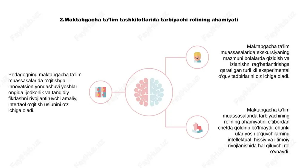 larni kashf qilishlari, o'rganishlari va kelajaklari uchun muhim ko'nikmalarni rivojlantirishlari mumkin bo'lgan rag'batlantiruvchi muhitni ta'minlashi mumkin. 6. ekskursiyalar davomida maktabgacha yoshdagi bolalarning rivojlanish ehtiyojlarini tushunish maktabgacha ta'lim muassasalarida o'qitishning innovatsion yondashuvi ekskursiyalar paytida maktabgacha yoshdagi bolalarning rivojlanish ehtiyojlarini tushunishga qaratilgan. ushbu ehtiyojlarni tushunish o'qituvchilarga yosh bolalarning o'ziga xos rivojlanish bosqichlariga mos keladigan mazmunli va qiziqarli ekskursiyalarni yaratishga imkon beradi. kognitiv, ijtimoiy va hissiy rivojlanishni hisobga olgan holda, o'qituvchilar maktabgacha yoshdagi bolalar uchun boyitish tajribasini taqdim etish va yaxlit o'rganishni rivojlantirish uchun ekskursiya mazmunini moslashtirishi mumkin. 7. inklyuziv va xilma-xil ekskursiya faoliyatini loyihalash 1 2 3 pedagogning maktabgacha ta'lim muassasalarida o'qitishga innovatsion yondashuvi inklyuziv va xilma-xil ekskursiya faoliyatini loyihalashni o'z ichiga oladi. qiziqarli va inklyuziv tajribalarni yaratish orqali o'qituvchi yosh o'quvchilarga boyitilgan ta'lim imkoniyatlarini taqdim etishga intiladi. ehtiyotkorlik bilan rejalashtirish va ijodkorlik orqali o'qituvchi barcha bolalarning mazmunli va qiziqarli ekskursiya mashg'ulotlarida ishtirok etishini ta'minlaydi. 8. ota-onalarni maktabgacha ta'lim muassasalarining ekskursiyalariga jalb …
