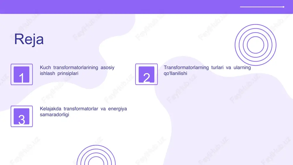 kuchlanishga o'tish uchun ishlatiladi. ular elektr energiyasini uzatishda, masalan, elektr stantsiyalarida keng qo'llaniladi. 2. **past kuchlanish transformatorlari** - bu transformatorlar past kuchlanishdan foydalanish uchun mo'ljallangan. ular uy joylarida yoki sanoat korxonalarida energiya ta'minoti uchun qo'llaniladi. 3. **o'zgaruvchan va doimiy tok transformatorlari** - o'zgaruvchan tok transformatorlari o'zgaruvchan tokni doimiy tokga aylantirish uchun mo'ljallangan. doimiy tok transformatorlari esa doimiy tokni boshqarish va ta'minlash uchun ishlatiladi. **farqlari va qo'llanilishi:** - kuch transformatorlari energiya uzatishda asosiy rol o'ynaydi, past kuchlanish transformatorlari esa energiyaning iste'molchiga yetkazilishi uchun zarur. - o'zgaruvchan tok transformatorlari elektr energiyasini samarali taqsimlashda yordam beradi. transformatorlarning samaradorligi yangi texnologiyalar va yondashuvlar transformatorlarning samaradorligini oshirish uchun zamonaviy texnologiyalar va yondashuvlar muhim ahamiyatga ega. bular orasida yuqori samaradorlikka ega materiallardan foydalanish, transformator dizaynini takomillashtirish va avtomatlashtirilgan monitoring tizimlarini joriy etish kabi usullar mavjud. ushbu yondashuvlar energiya yo'qotishlarini kamaytirish va transformatorlarning ishlashini optimallashtirishga yordam beradi. energiyani tejash usullari energiyani tejashning bir nechta usullari mavjud. bunga …