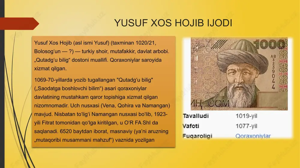 oqxonlar oʻrtasidagi ixti-loflarni bartaraf etish, hukmron doiralarning turli ijtimoiy tabaqalarga munosabatini belgilash, maʼrifat va obodonchilik uchun kurash, yaxshi xulq-odobni targʻib qilish kabi maqsadlarni qoʻygan. bu bilan yusuf xos hojib oʻz davrining yirik maʼrifatparvari va donishmandi sifatida gavdalanadi. asarning mavzusi va mazmuni "qutadgʻu bilig" asari to‘rt bosh qahramon o‘rtasidagi muloqot asosida rivojlanadi. bu qahramonlar orqali turli axloqiy va siyosiy tushunchalar tasvirlanadi: kuntug‘di – adolatni ifodalaydi. oyto‘ldi – baxt va davlatni ramziy ma’noda anglatadi. o‘zg‘urmish – aql va donolikni ifodalaydi. odg‘urmish – qanoat va oxiratni anglatadi. asar qahramonlarining har biri biror ma’noni ifoda etuvchi ramz bo‘lib, ular o‘zaro muloqot orqali jamiyatdagi turli masalalarni muhokama qiladilar. ular orasidagi suhbatlar orqali adolatli boshqaruv, insonparvarlik, halollik va donolik kabi mavzular yoritiladi. asarning ahamiyati va asar tilining xususiyatlari asarning ahamiyati adabiy meros sifatida – "qutadgʻu bilig" qadimgi turkiy xalqlarning madaniyati, urf-odatlari va tilini o‘rganishda qimmatli manbadir. falsafiy ahamiyat – asar insonning dunyoqarashi, hayot mazmuni va ma’naviy …