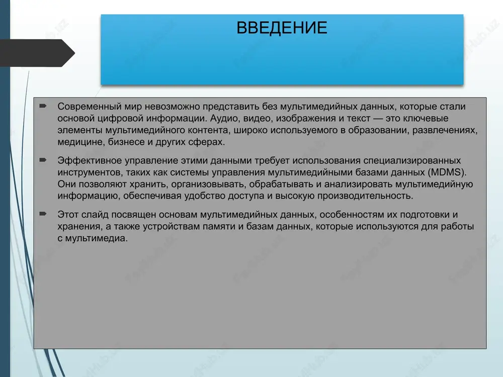 , audiofayli i interaktivnie elementi. ispolzuyutsya v sistemax distantsionnogo obucheniya, takix kak coursera, edx, moodle. podderjivayut poisk i filtratsiyu uchebnix materialov po temam, datam i avtoram. meditsina: xranyat i obrabativayut meditsinskie izobrajeniya, takie kak mrt, kt, uzi. obespechivayut dostup k dannim vrachey dlya diagnostiki i lecheniya. ispolzuyutsya v bolnitsax i issledovatelskix tsentrax dlya analiza izobrajeniy s pomoshyu ii. elektronnaya kommertsiya: xranyat izobrajeniya i video tovarov dlya onlayn-magazinov (amazon, ebay, aliexpress). obespechivayut funktsii filtratsii po xarakteristikam tovarov. podderjivayut avtomaticheskoe sjatie i preobrazovanie mediafaylov dlya uskoreniya zagruzki stranits. zaklyuchenie multimediynie dannie igrayut klyuchevuyu rol v sovremennom tsifrovom obshestve, oxvativaya takie sferi, kak obrazovanie, meditsina, razvlecheniya, biznes i nauka. effektivnoe upravlenie etim tipom dannix trebuet ispolzovaniya nadejnix texnologiy, vklyuchaya sistemi upravleniya multimediynimi bazami dannix (mdms). v ramkax dannogo razdela rassmotreni osnovnie aspekti raboti s multimediynimi dannimi: ix tipi, podgotovka i xranenie, a takje ispolzovanie razlichnix ustroystv pamyati. takje bila podcherknuta vajnost baz dannix …